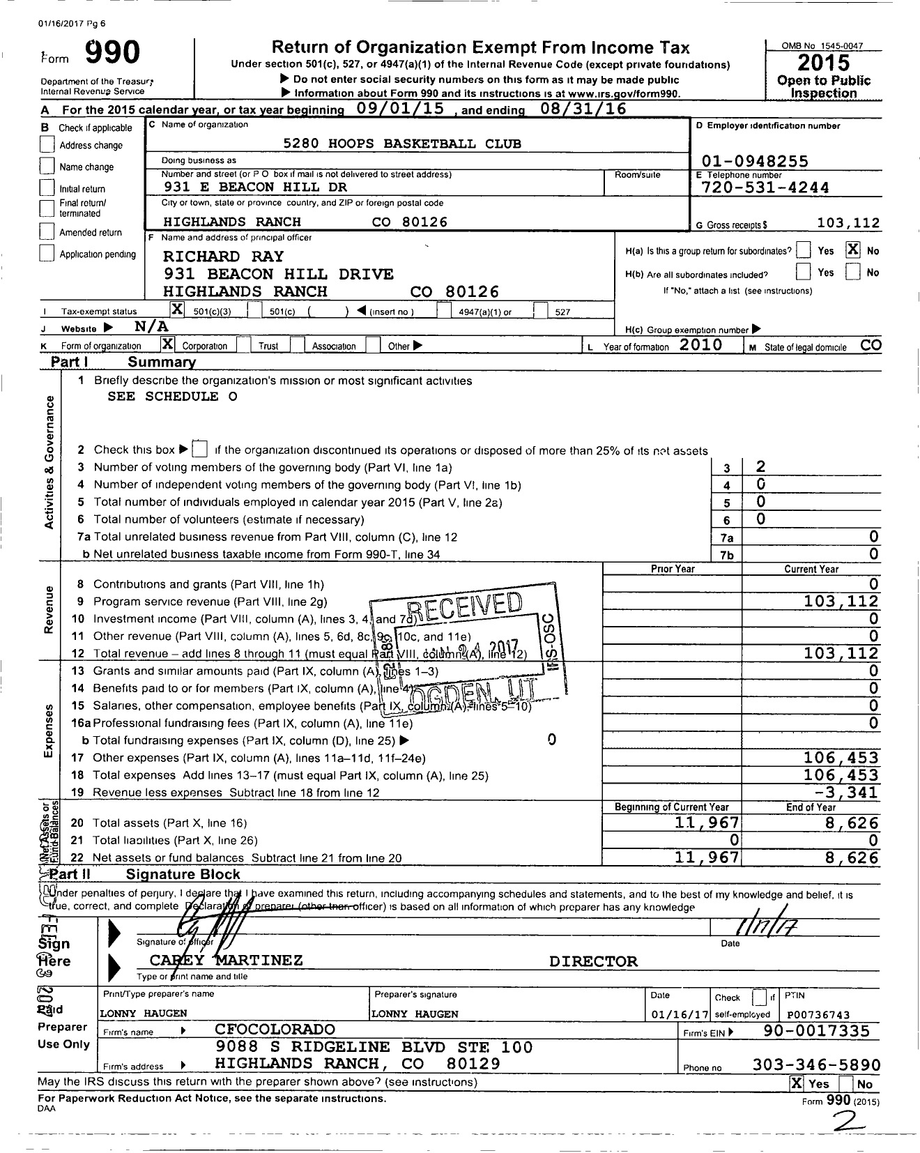 Image of first page of 2015 Form 990 for Amateur Athletic Union - 5280 Hoops Basketball Club