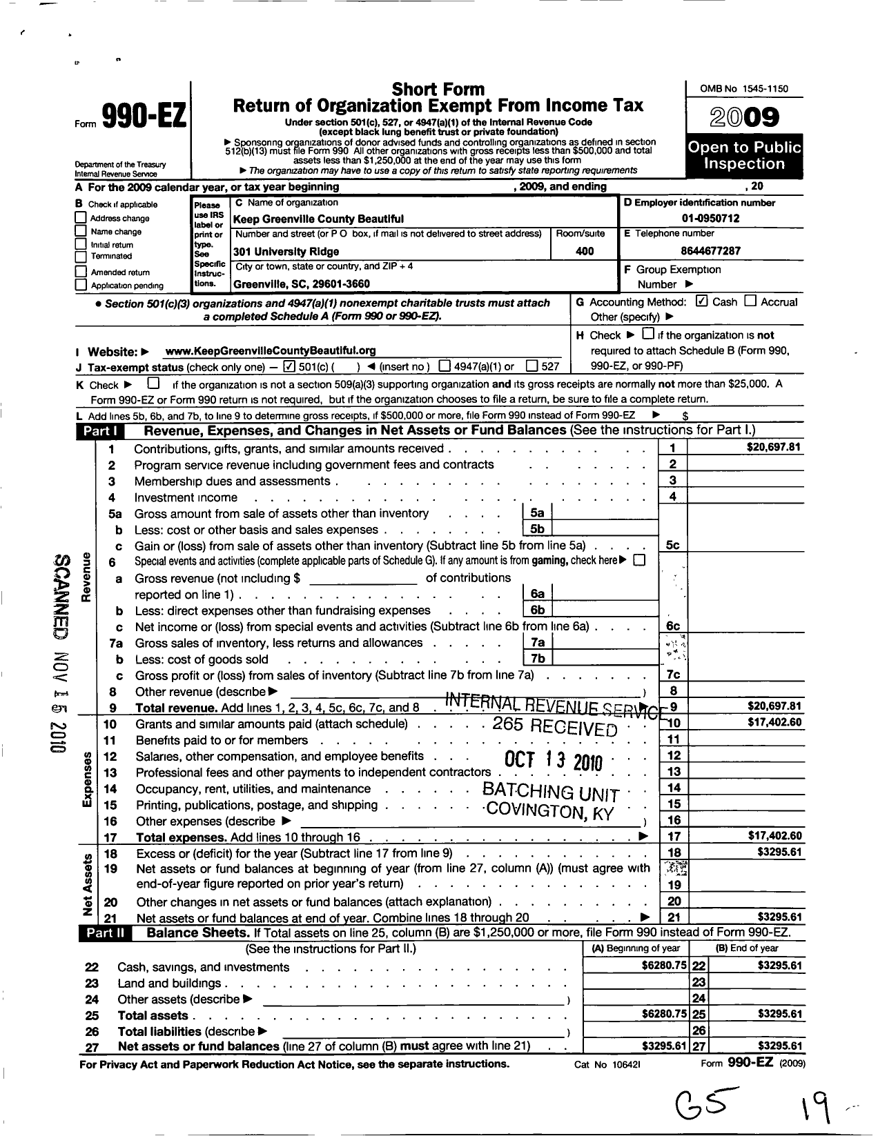 Image of first page of 2009 Form 990EO for Keep Greenville County Beautiful