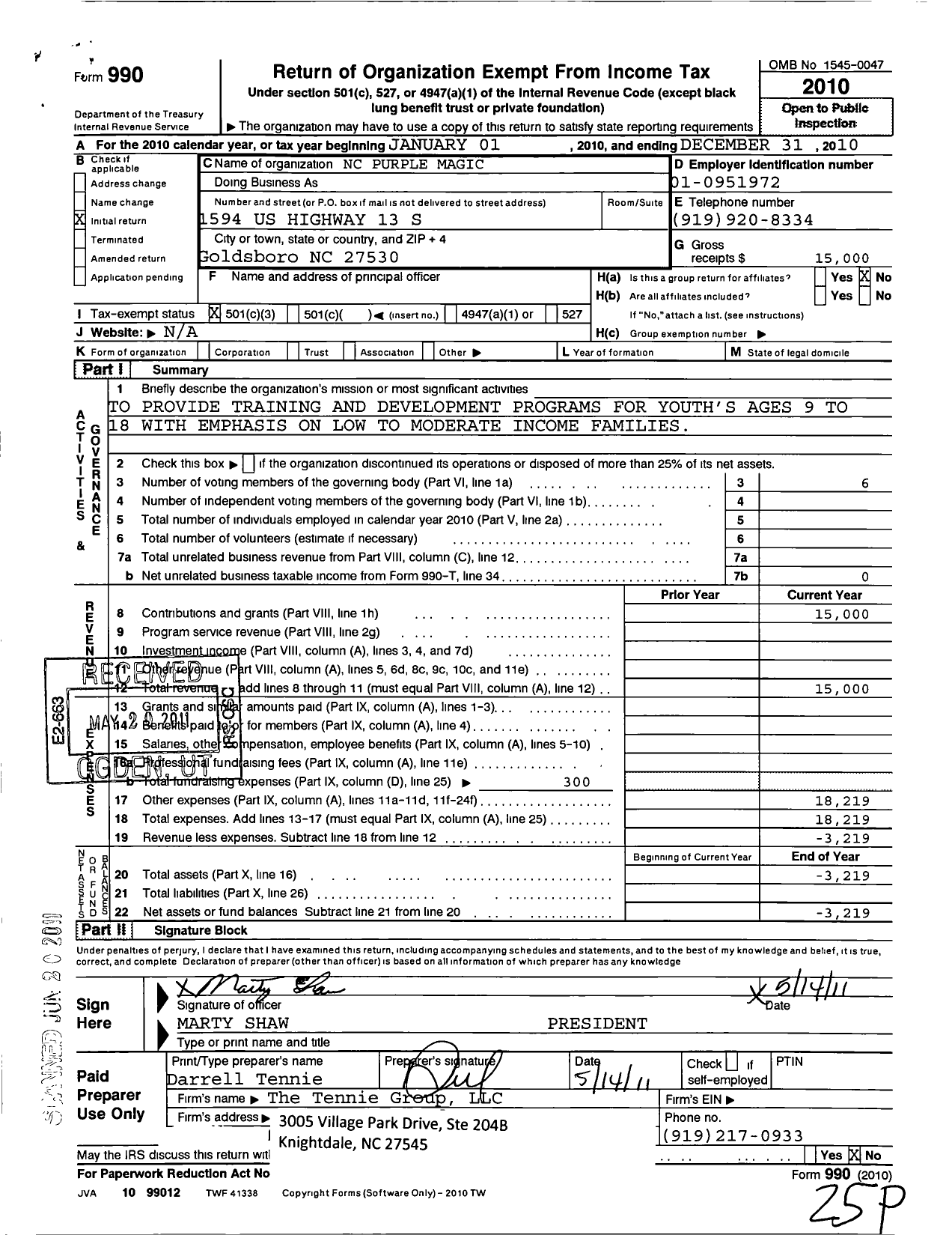 Image of first page of 2010 Form 990 for NC Purple Magic