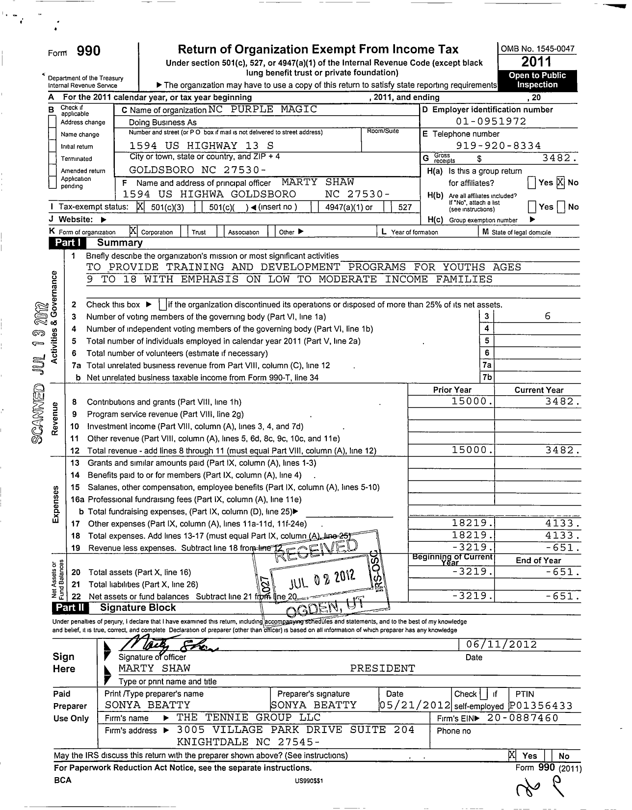 Image of first page of 2011 Form 990 for NC Purple Magic
