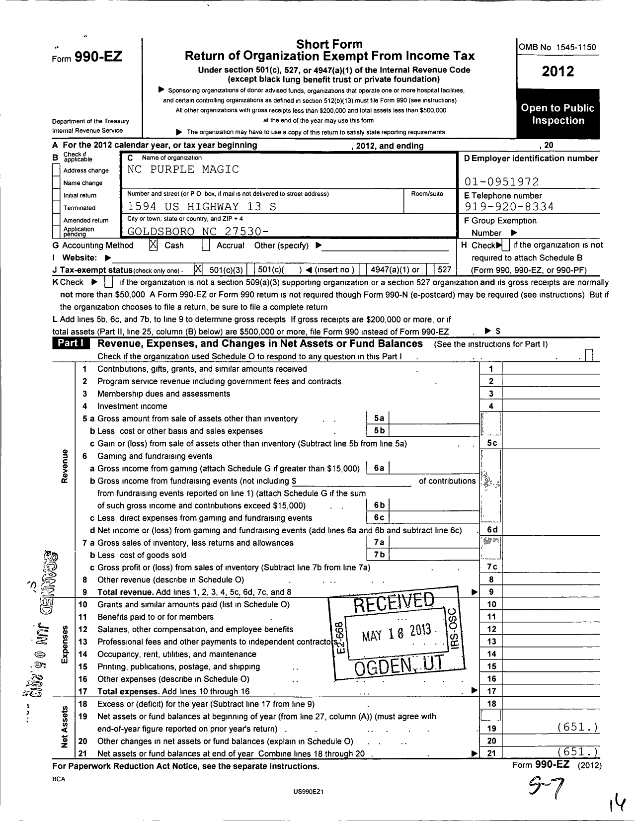Image of first page of 2012 Form 990EZ for NC Purple Magic