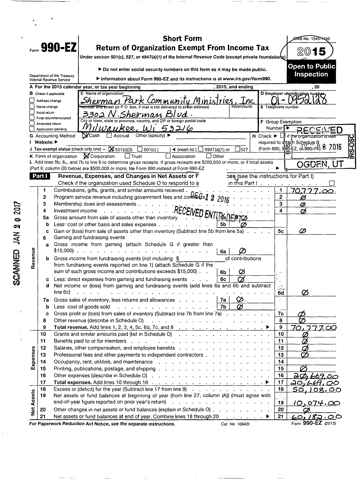 Image of first page of 2015 Form 990EZ for Sherman Park Community Ministries (SPCM)