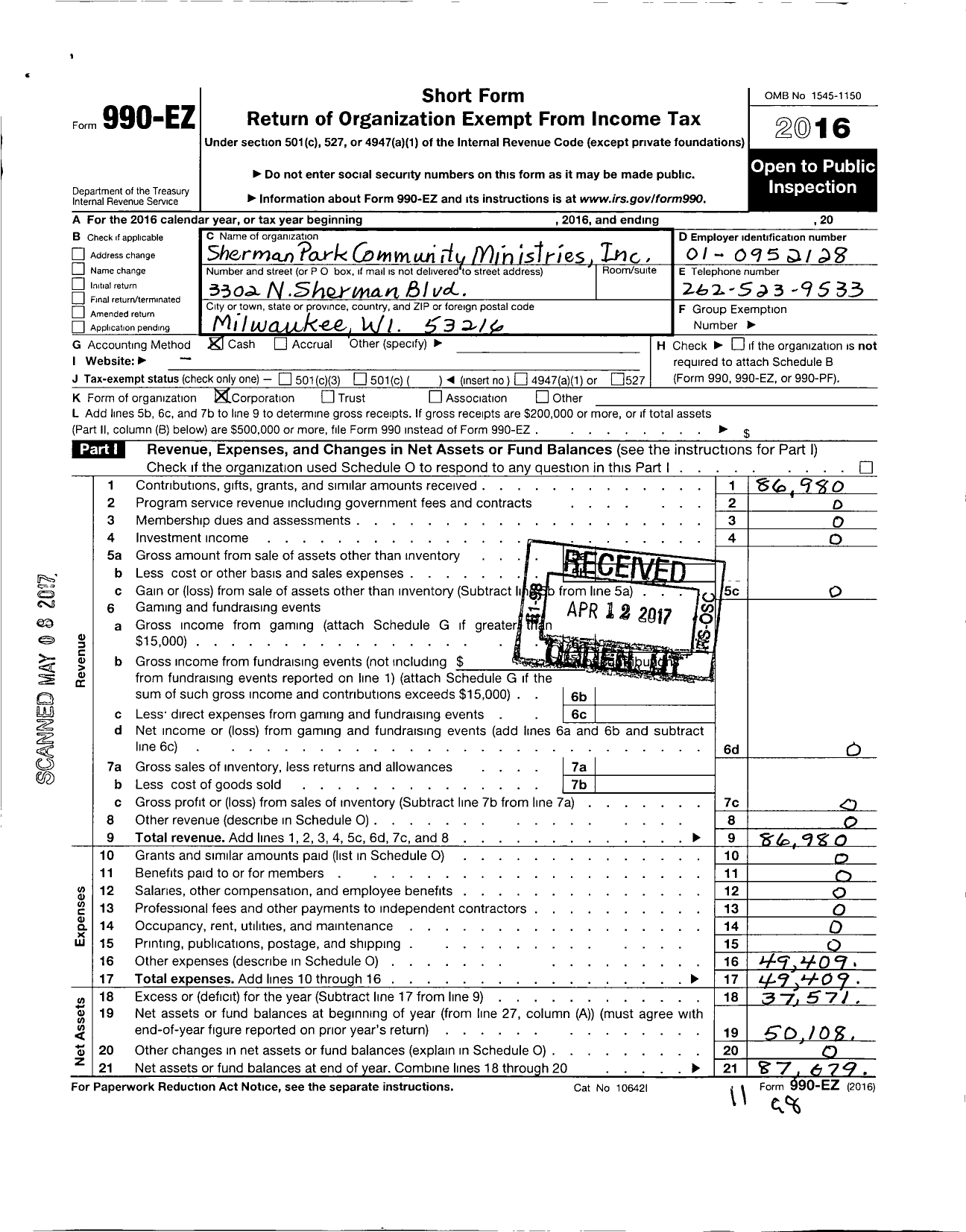 Image of first page of 2016 Form 990EO for Sherman Park Community Ministries (SPCM)