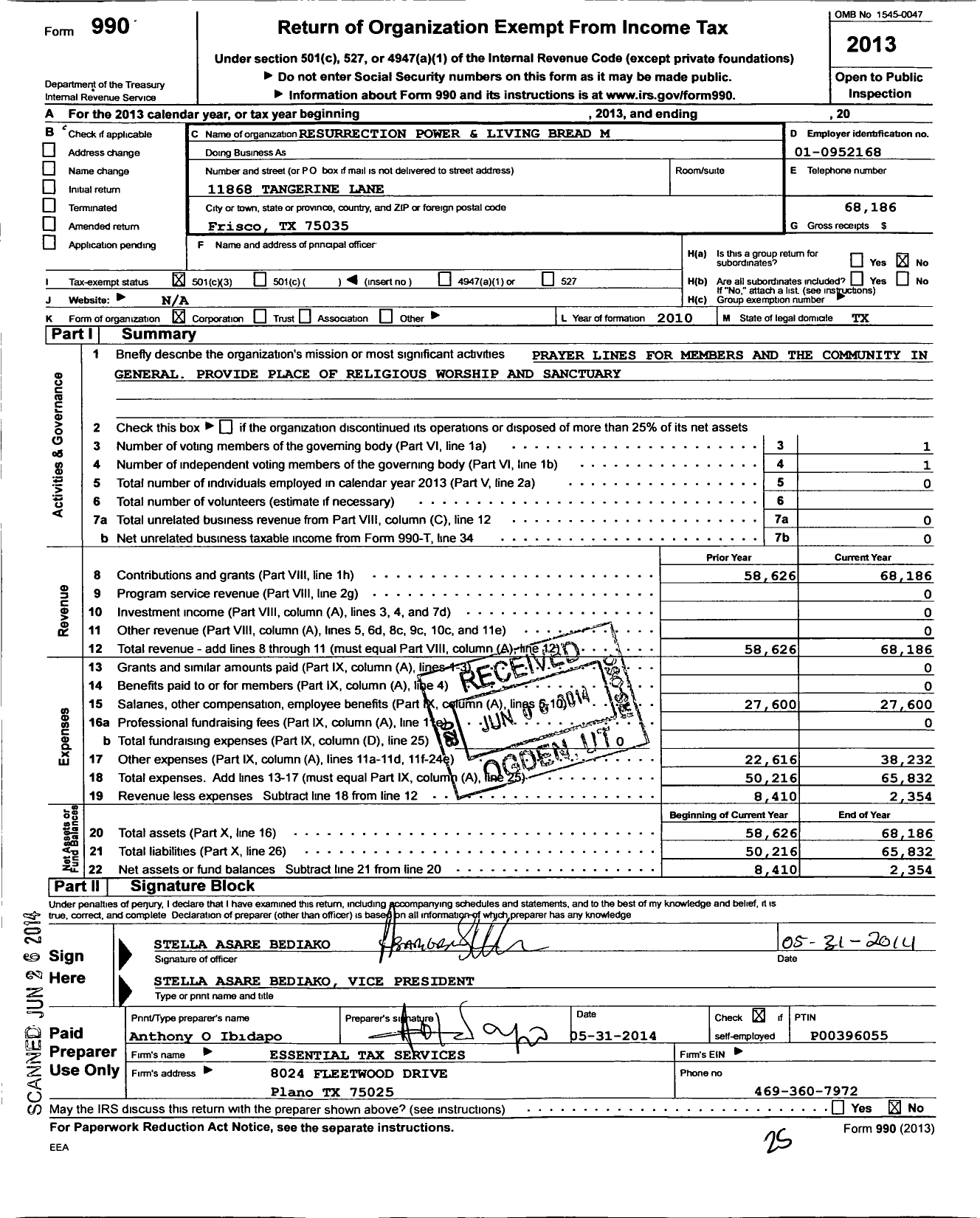 Image of first page of 2013 Form 990 for Resurrection Power and Living Bread Ministries