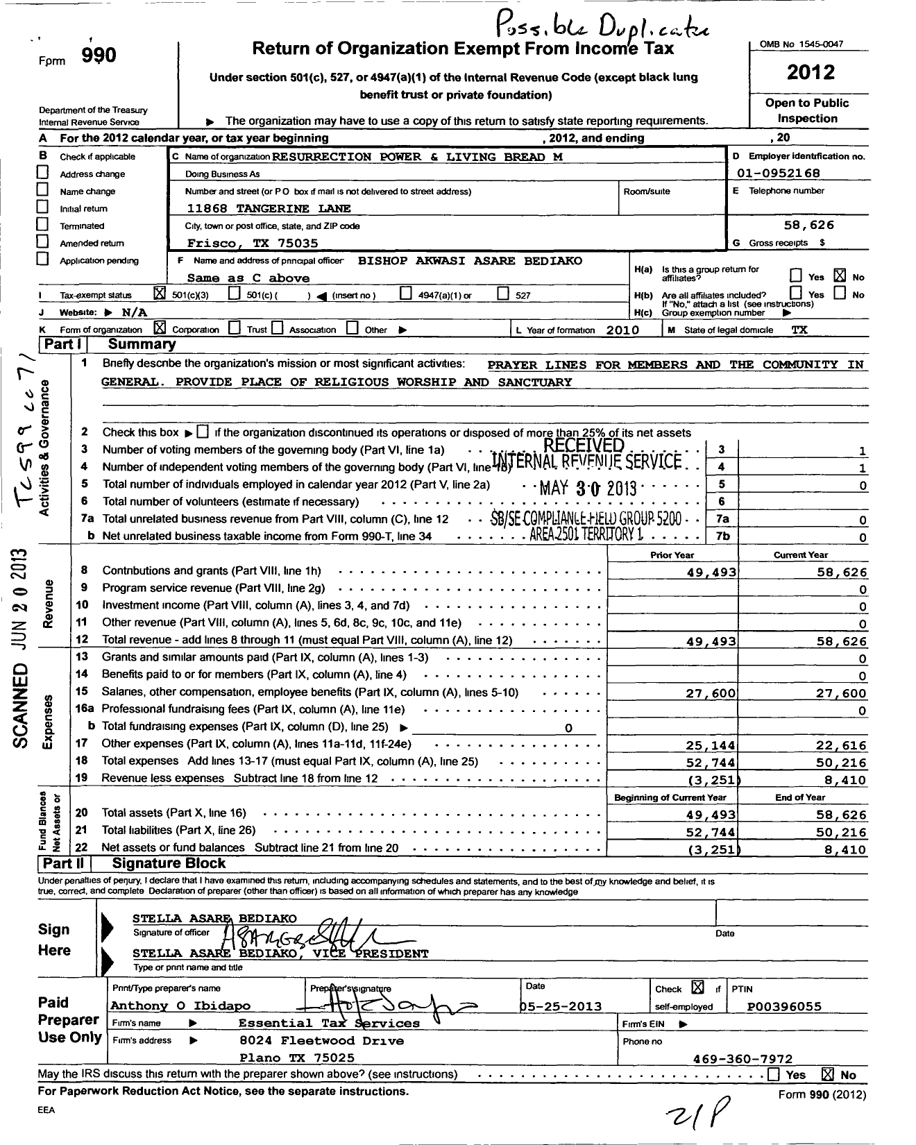 Image of first page of 2012 Form 990 for Resurrection Power and Living Bread Ministries