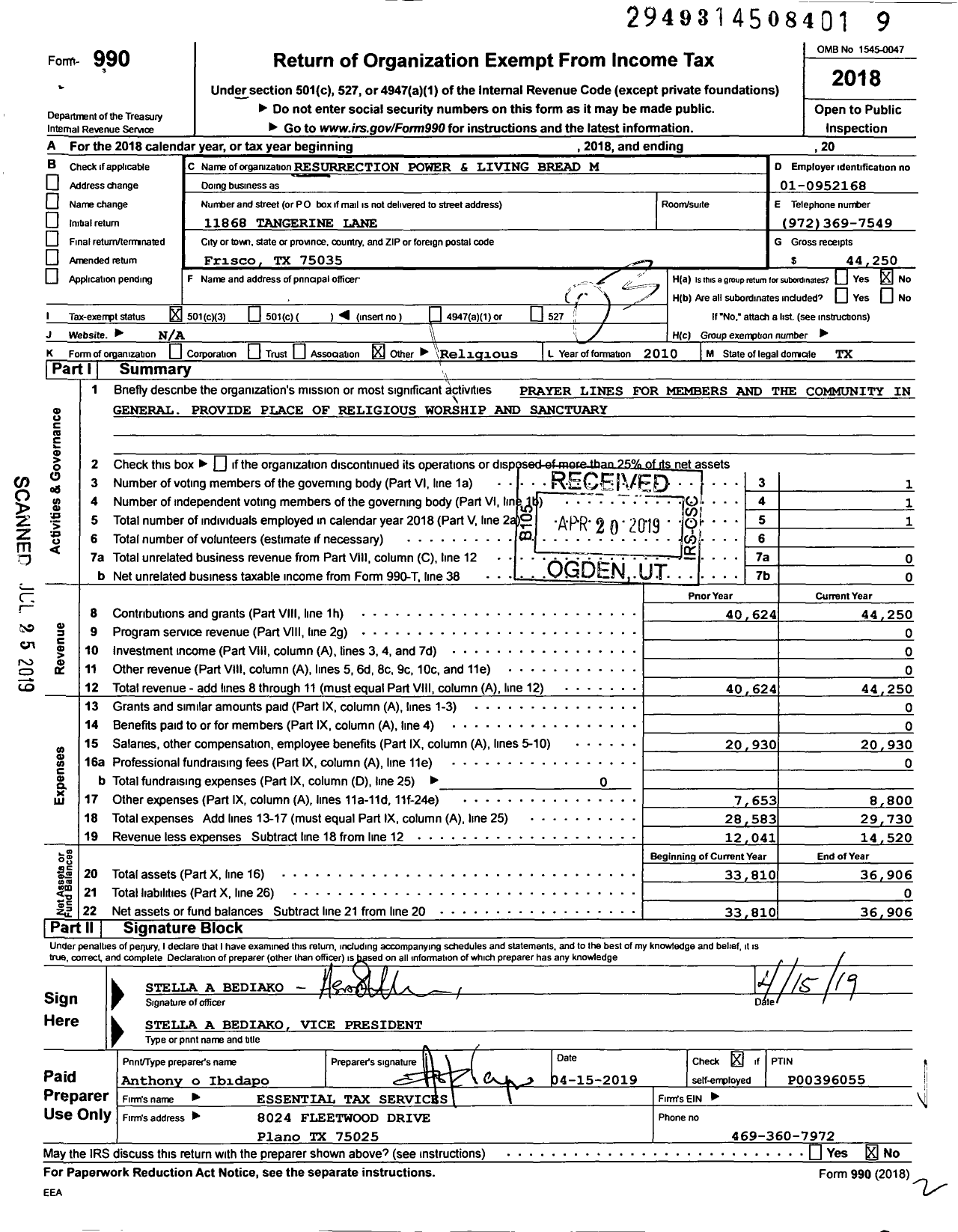 Image of first page of 2018 Form 990 for Resurrection Power and Living Bread Ministries