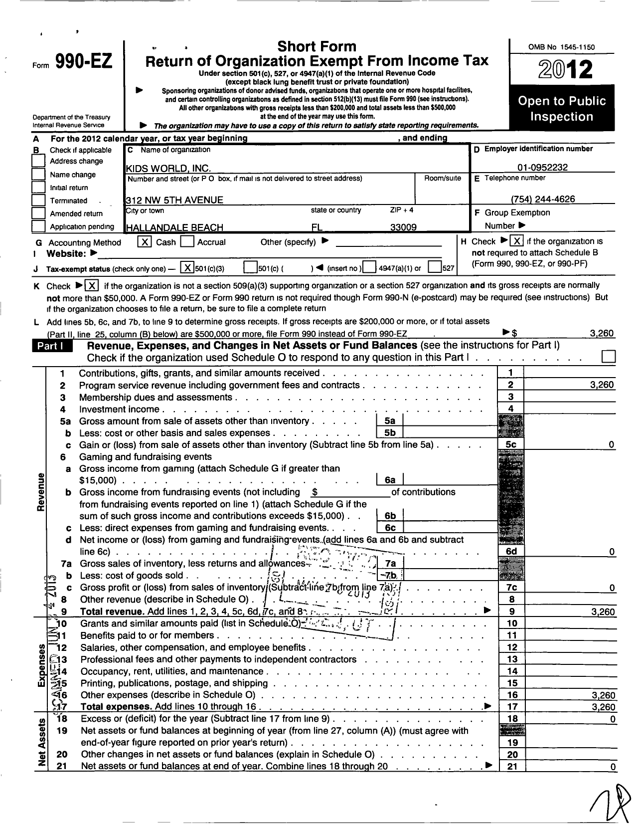 Image of first page of 2012 Form 990EZ for Kids World