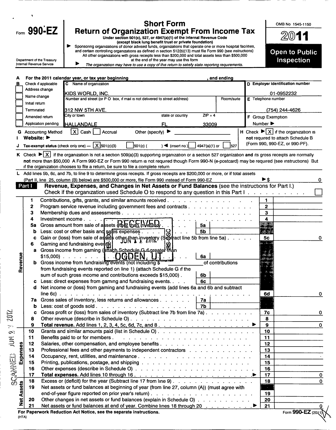 Image of first page of 2011 Form 990EZ for Kids World