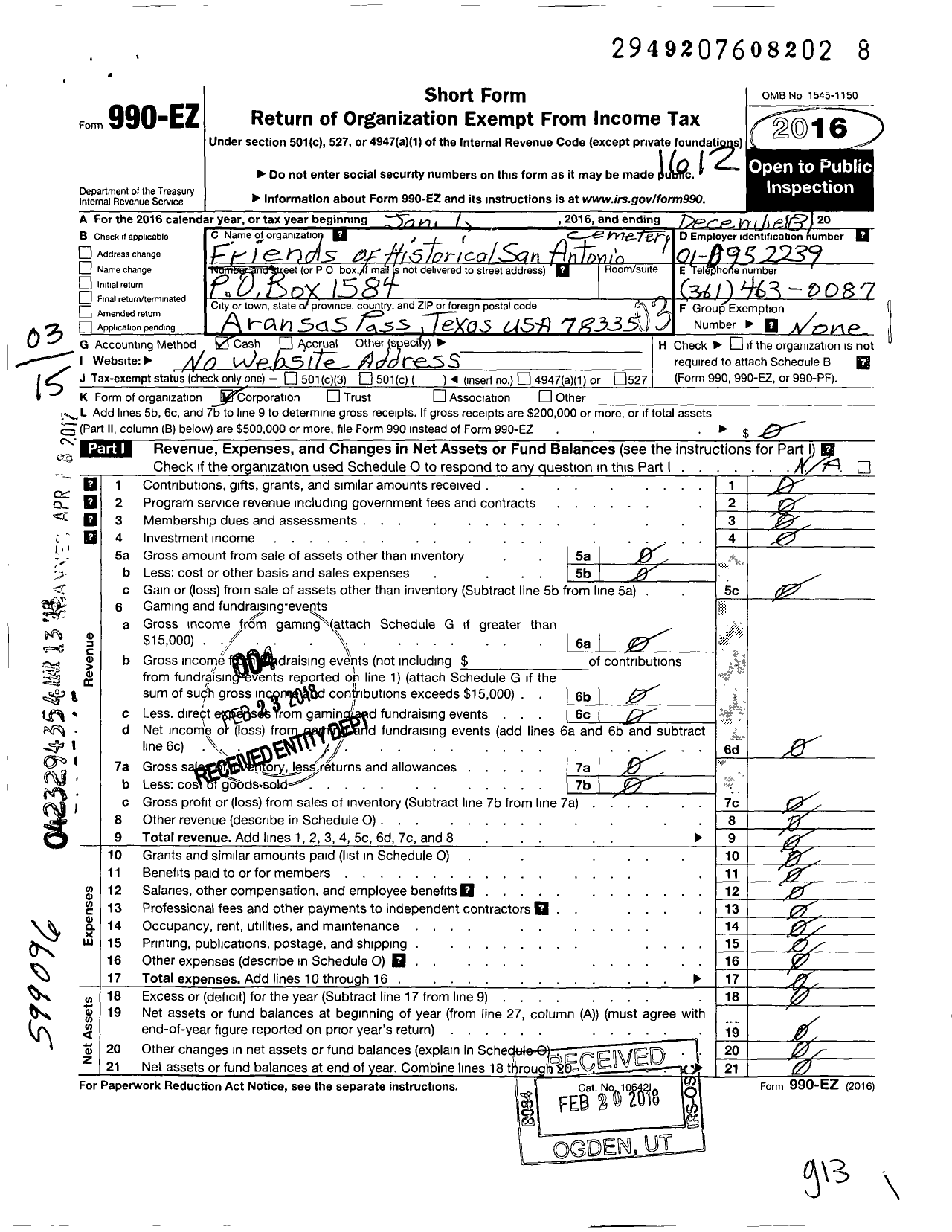 Image of first page of 2016 Form 990EZ for Latino Americano Cemetery Corporation