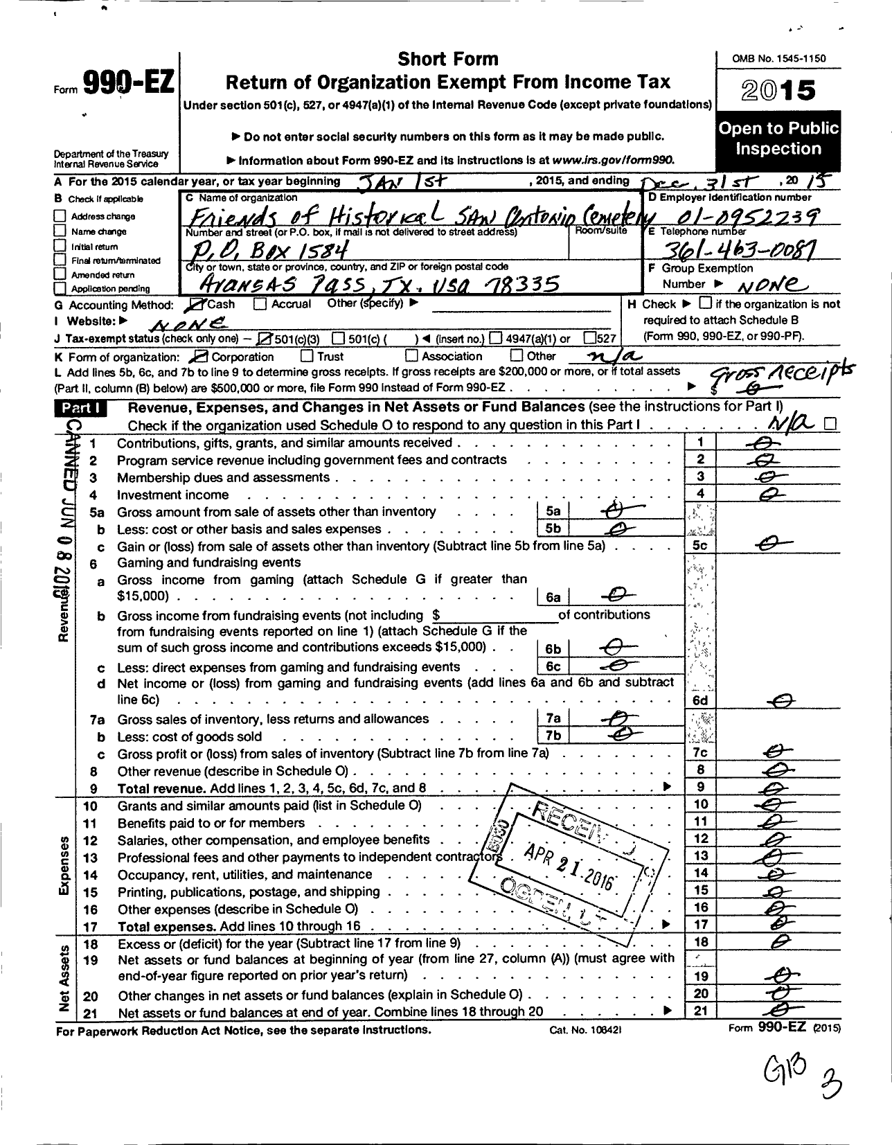 Image of first page of 2015 Form 990EZ for Latino Americano Cemetery Corporation