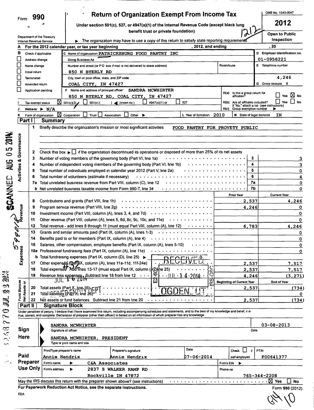 Image of first page of 2012 Form 990 for Patricksburg Food Pantry