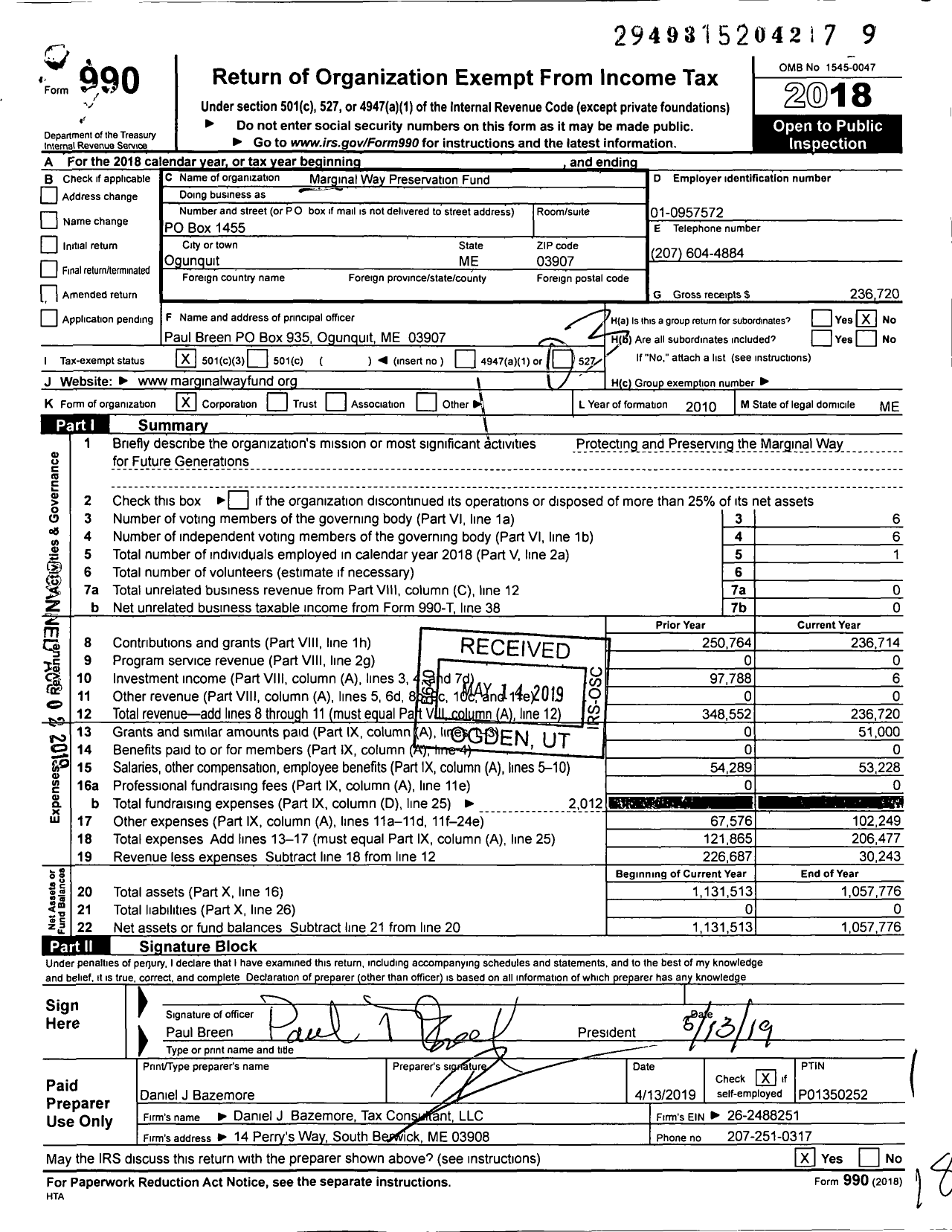 Image of first page of 2018 Form 990 for Marginal Way Preservation Fund