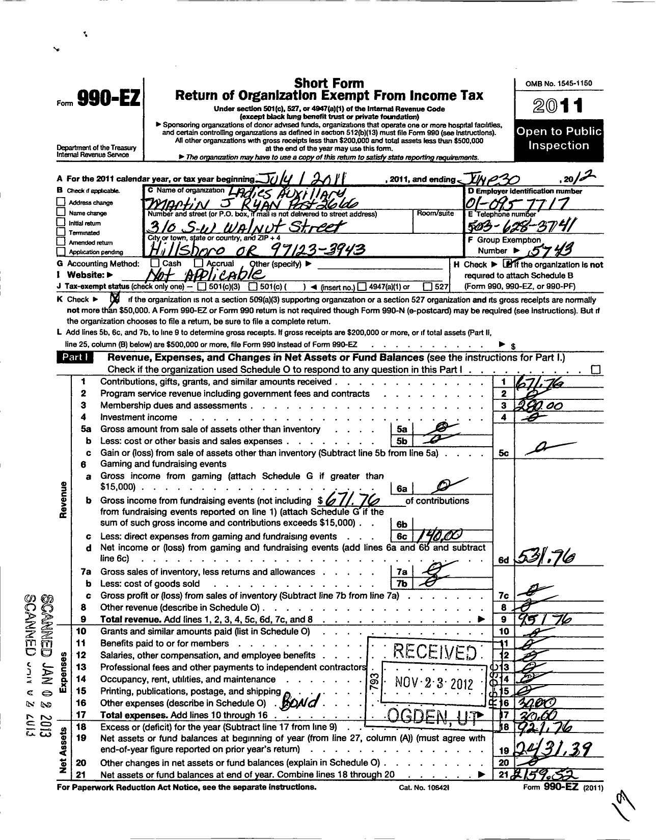 Image of first page of 2011 Form 990EO for Veterans of Foreign Wars of the United States Department of Oregon - 2666 Martin J Ryan Auxiliary