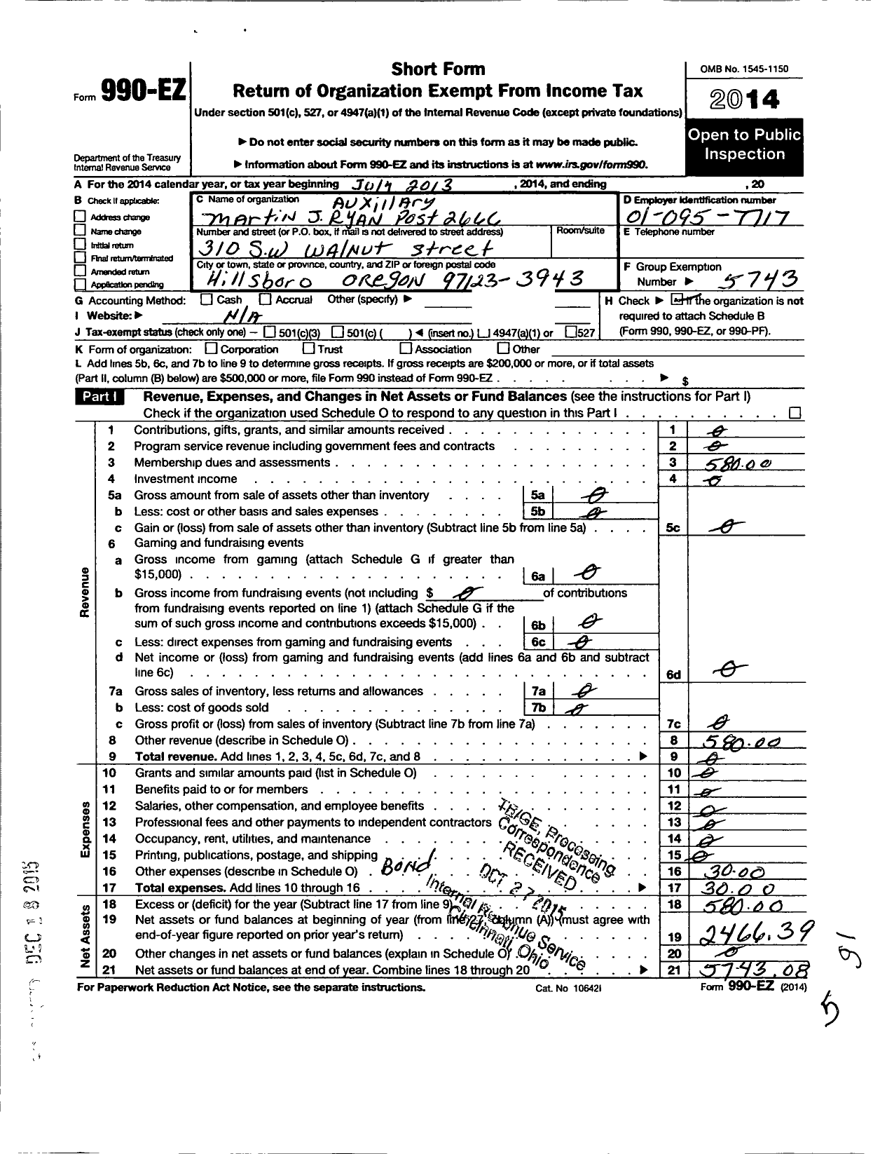 Image of first page of 2014 Form 990EO for Veterans of Foreign Wars of the United States Department of Oregon - 2666 Martin J Ryan Auxiliary