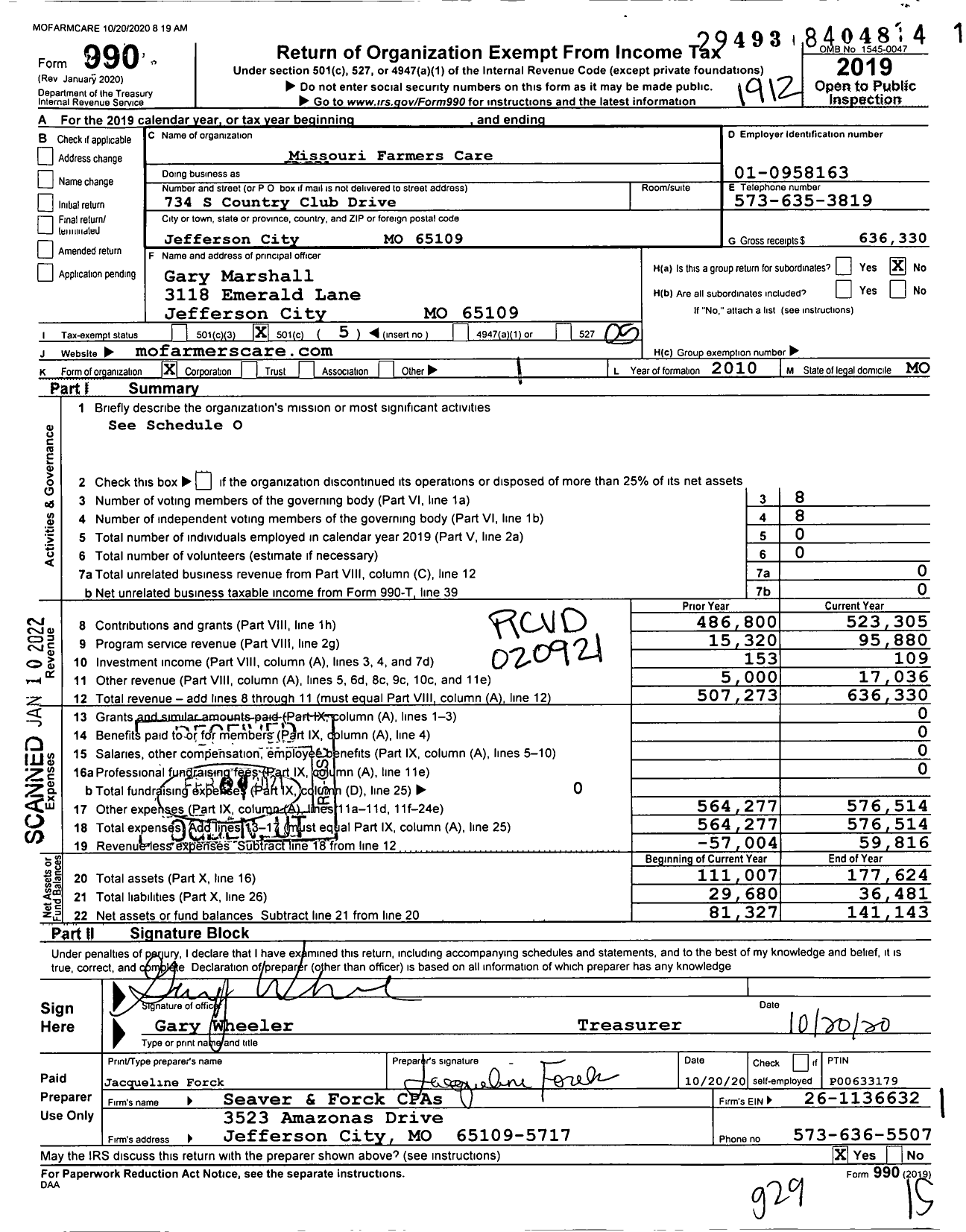Image of first page of 2019 Form 990O for Missouri Farmers Care