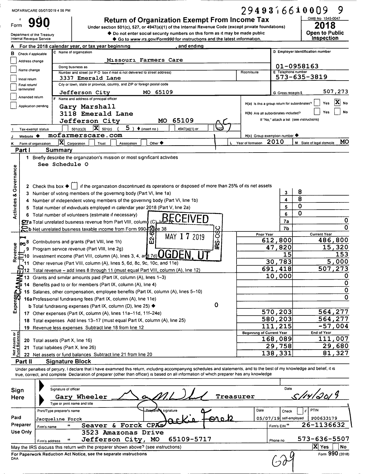 Image of first page of 2018 Form 990O for Missouri Farmers Care
