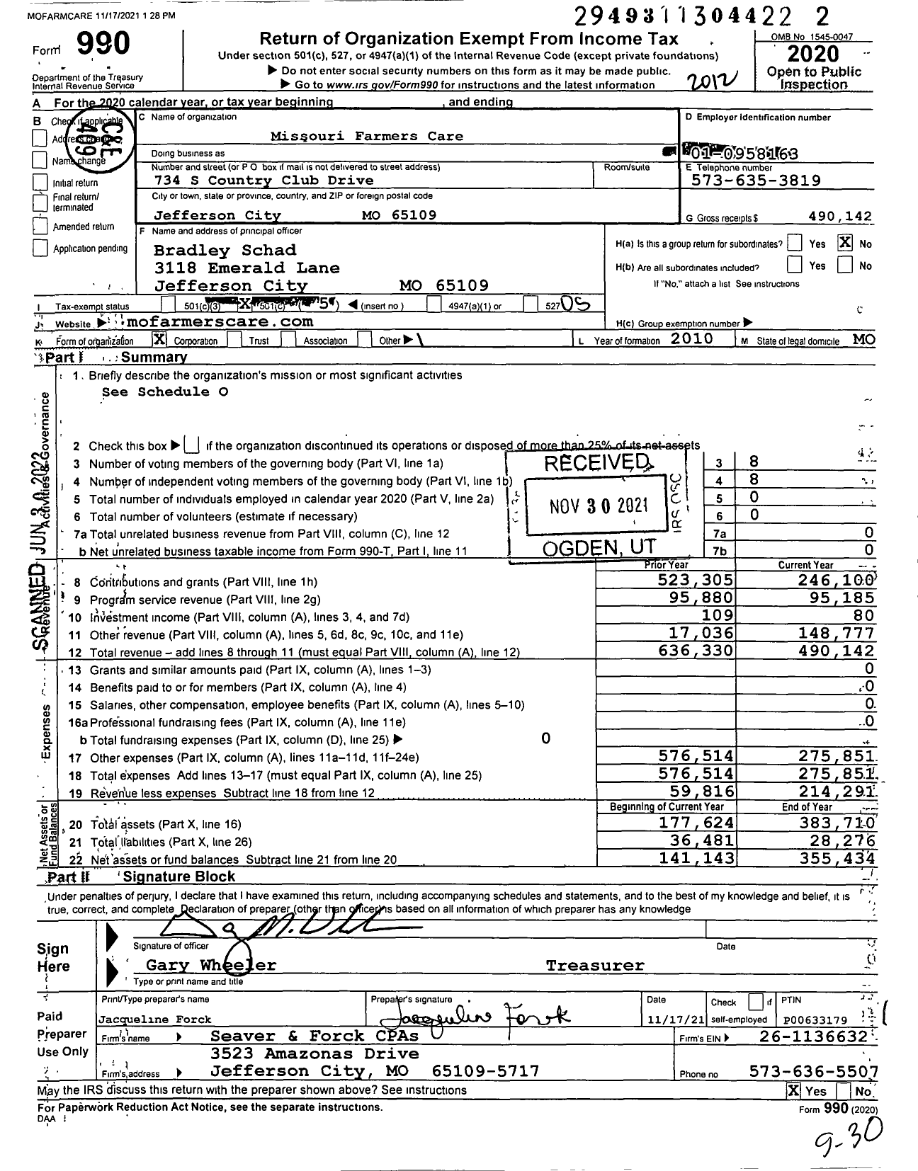 Image of first page of 2020 Form 990O for Missouri Farmers Care