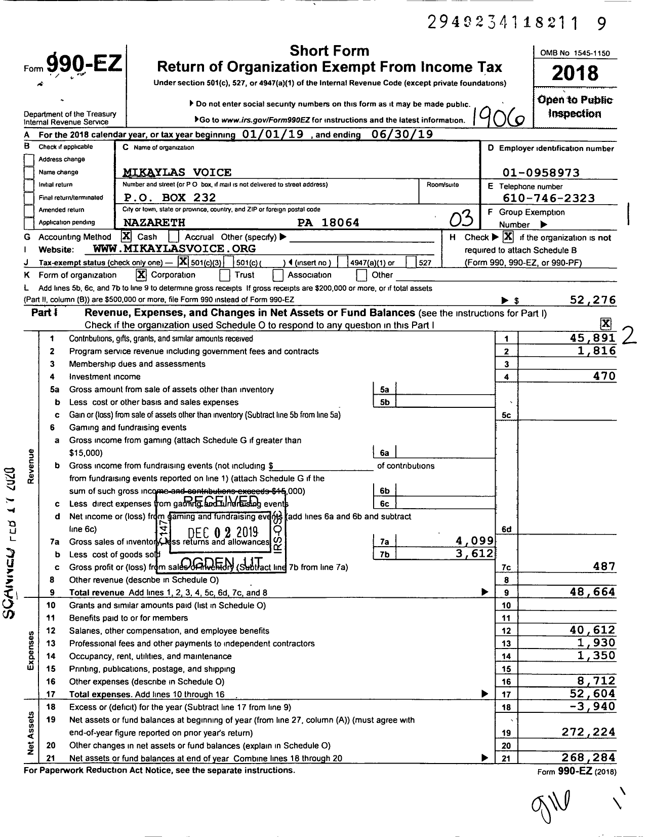 Image of first page of 2018 Form 990EZ for Mikaylas Voice