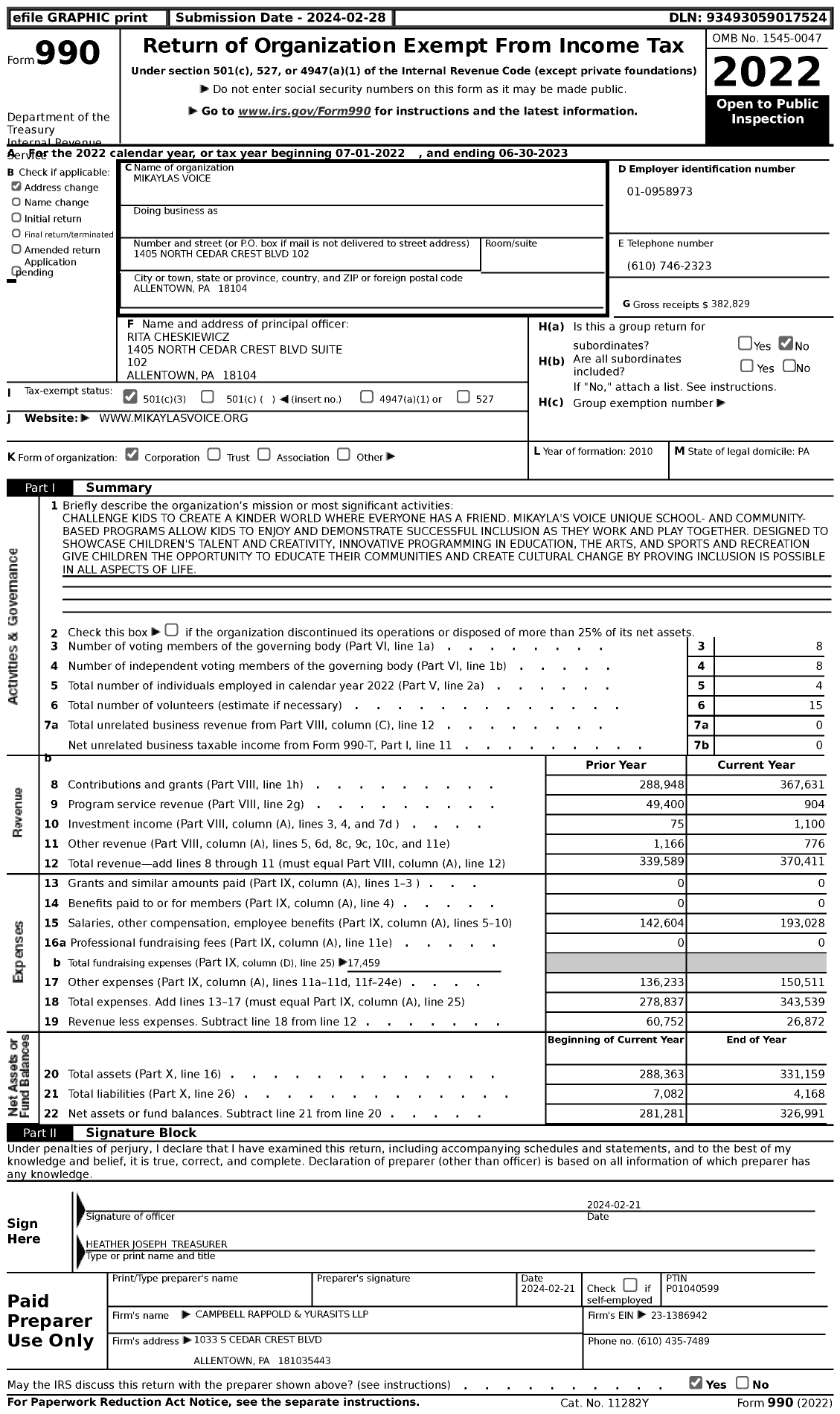 Image of first page of 2022 Form 990 for Mikaylas Voice