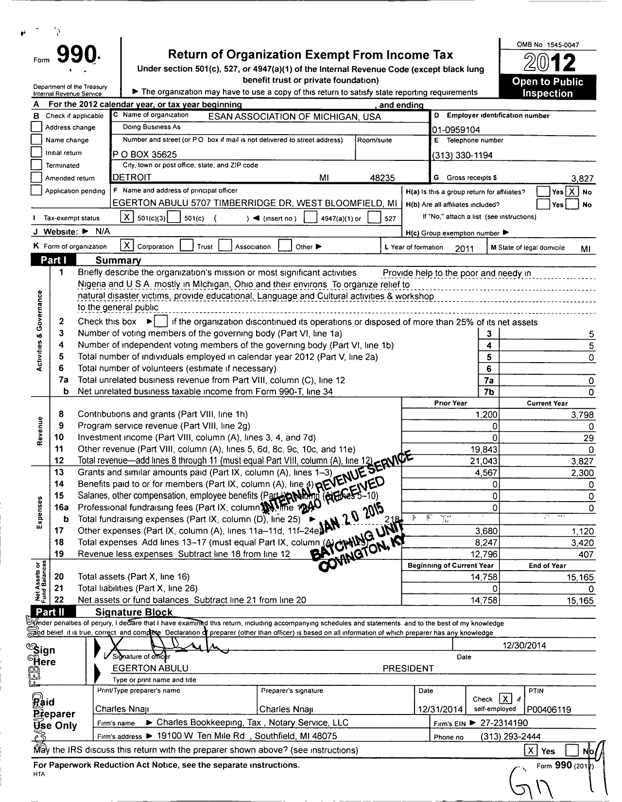 Image of first page of 2012 Form 990 for Esan Association of Michigan USA