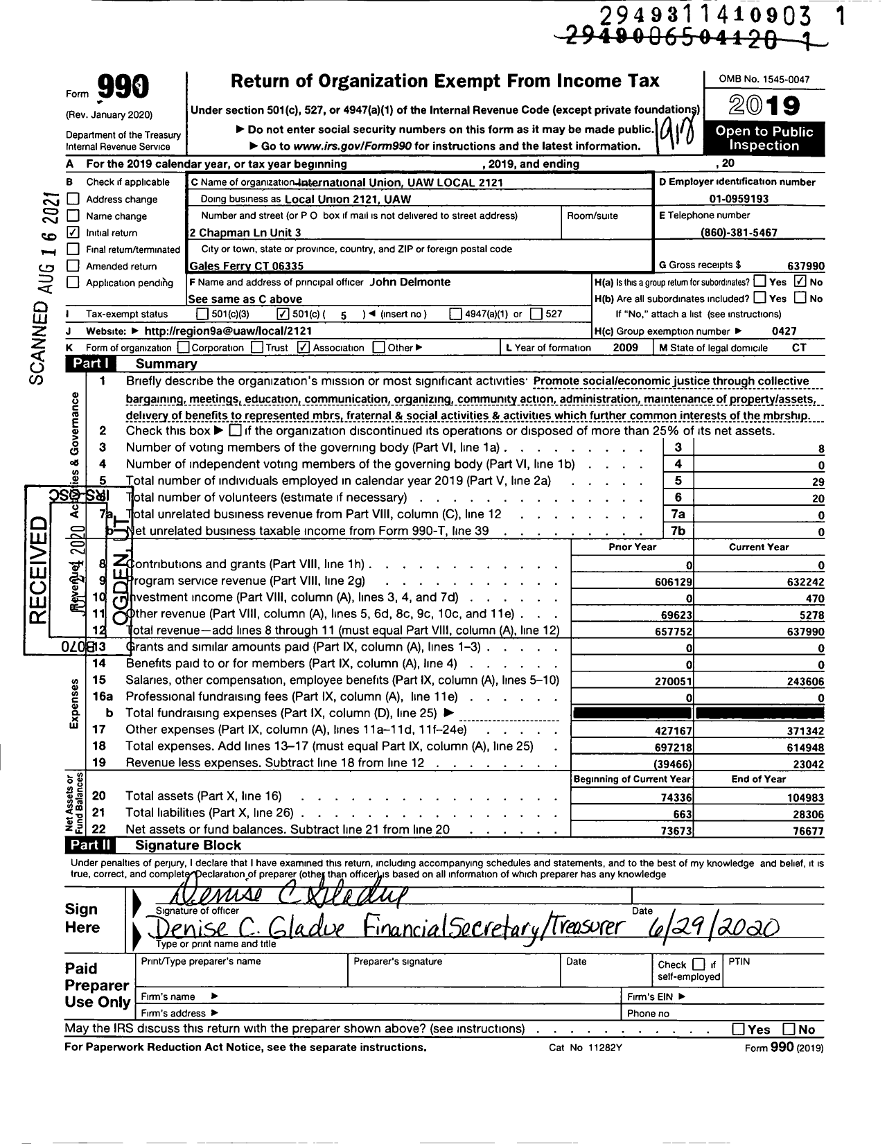 Image of first page of 2019 Form 990O for International Union UAW Local 2121