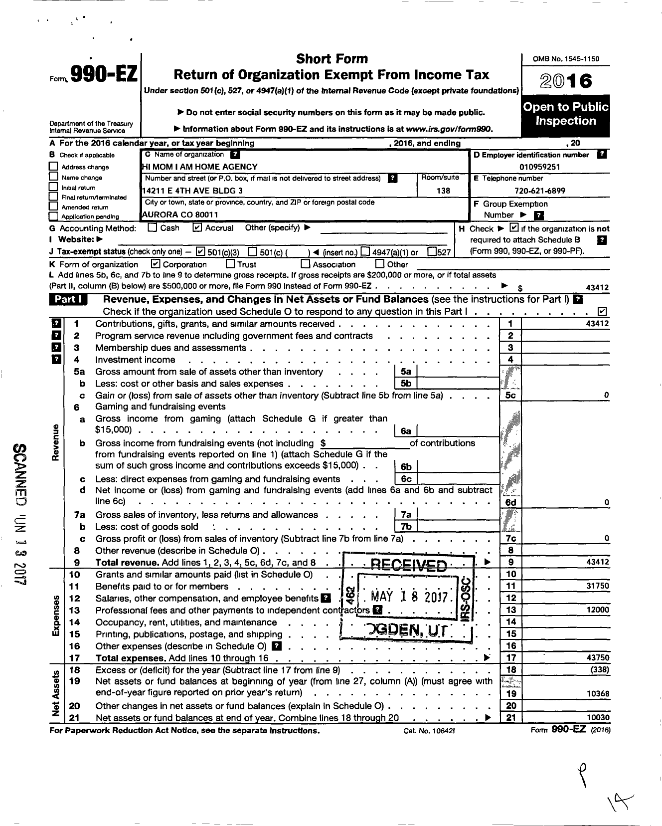 Image of first page of 2016 Form 990EZ for Hi Mom I Am Home Agency