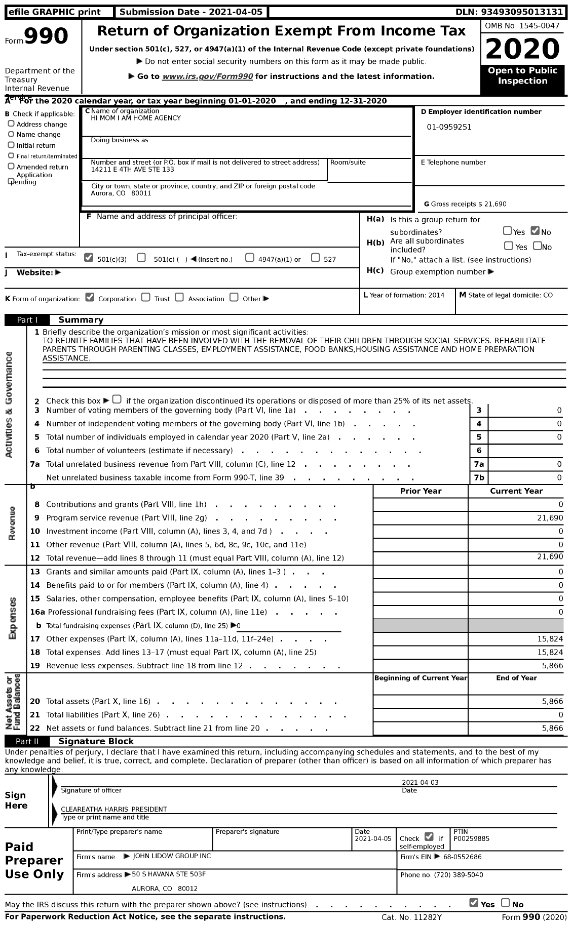 Image of first page of 2020 Form 990 for Hi Mom I Am Home Agency