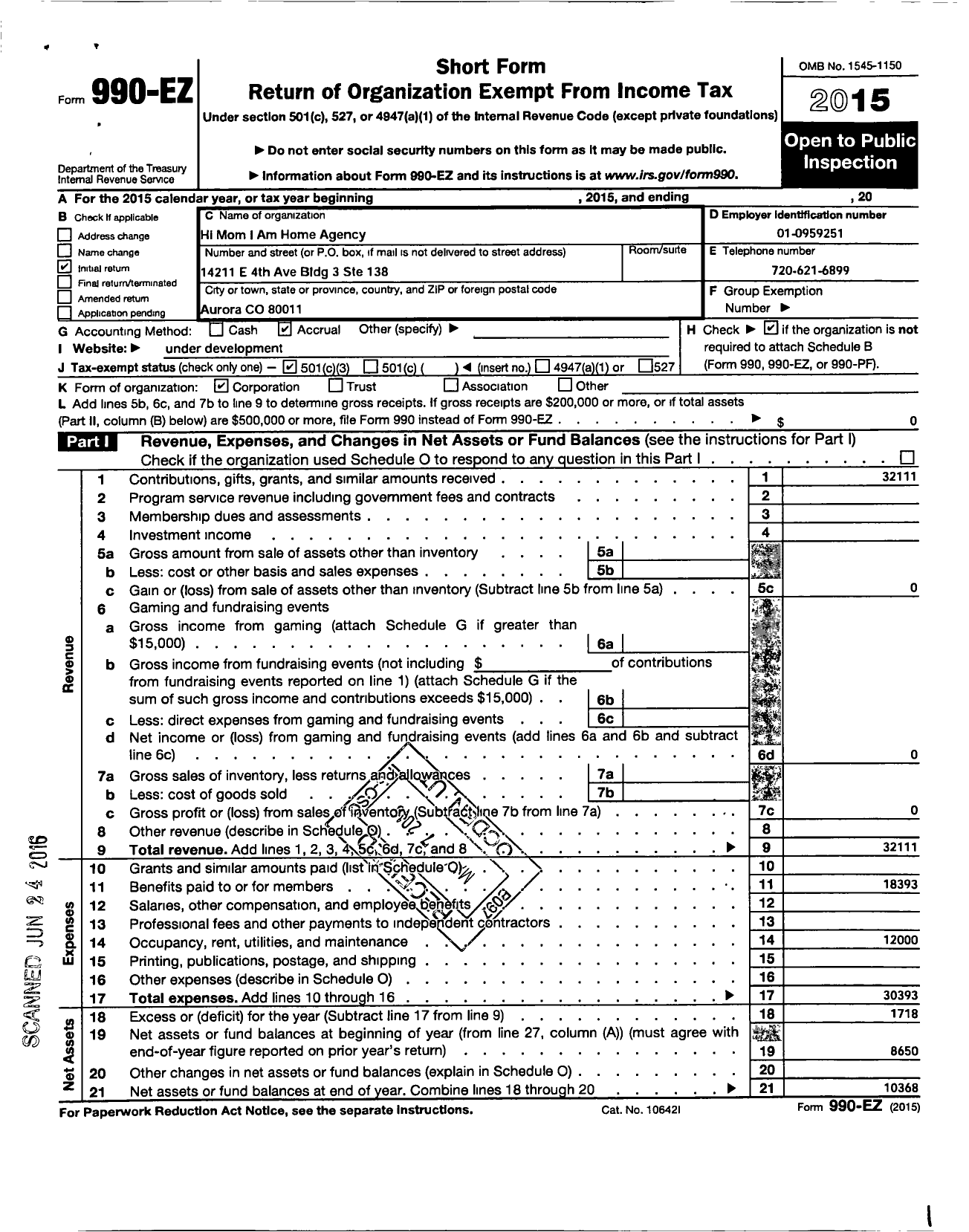 Image of first page of 2015 Form 990EZ for Hi Mom I Am Home Agency