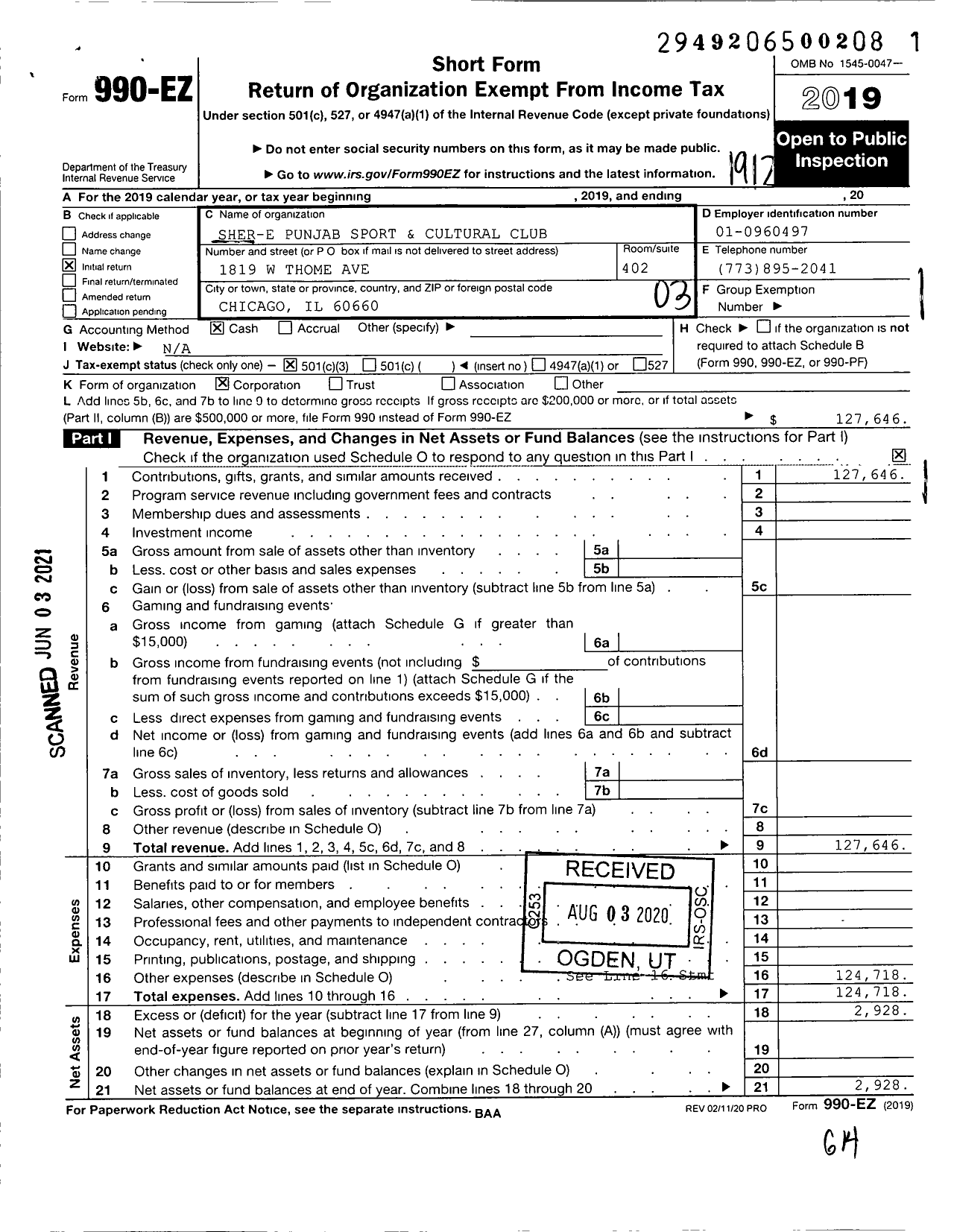 Image of first page of 2019 Form 990EZ for Sher-E Punjab Sport and Cultural Club