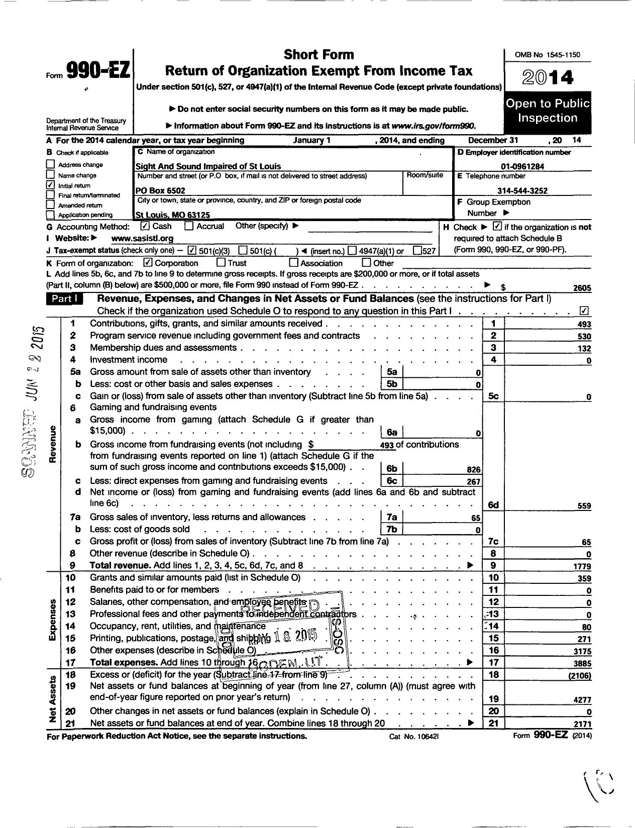 Image of first page of 2014 Form 990EZ for Sight and Sound Impaired of St Louis