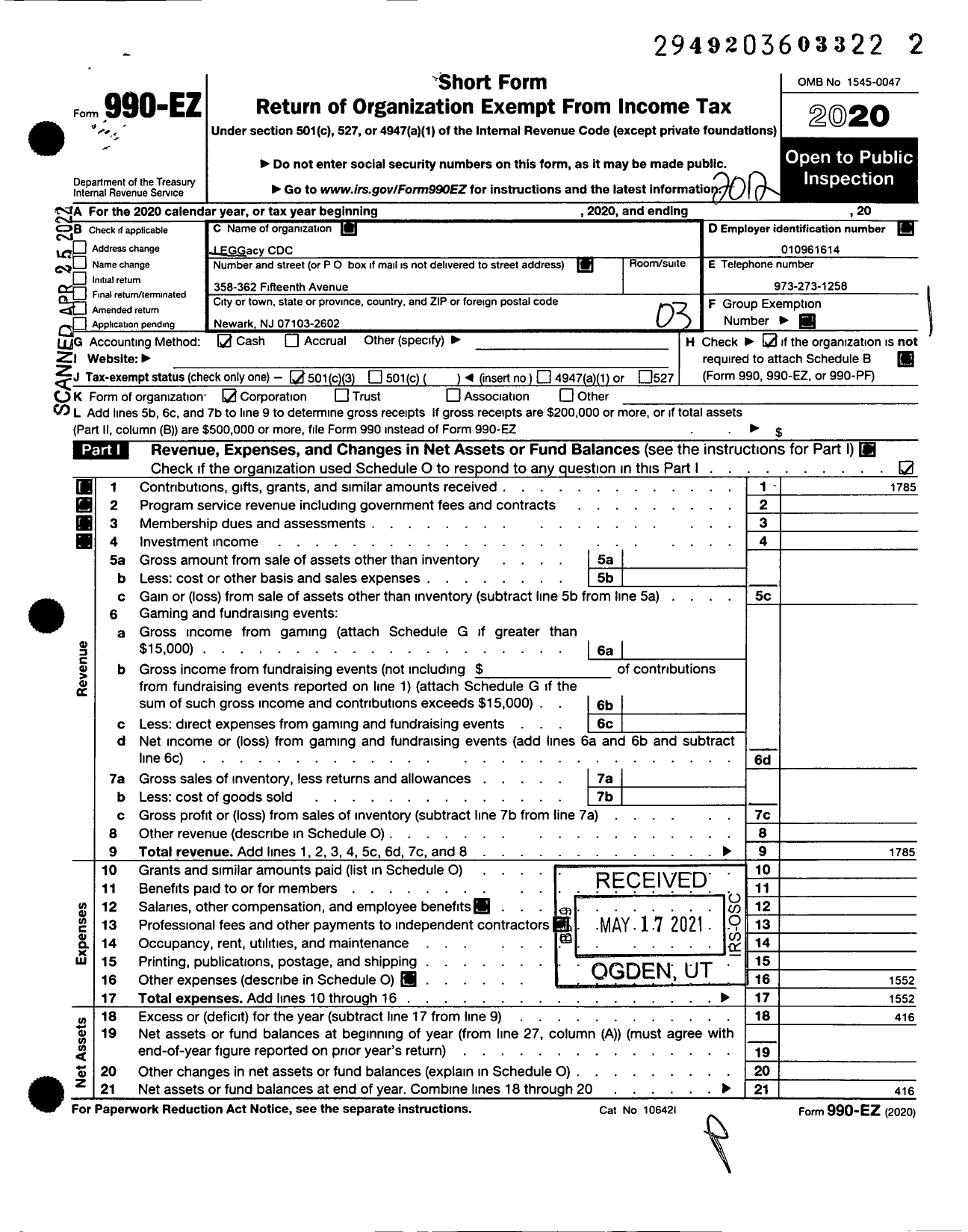 Image of first page of 2020 Form 990EZ for Leggacy Community Development Corporation