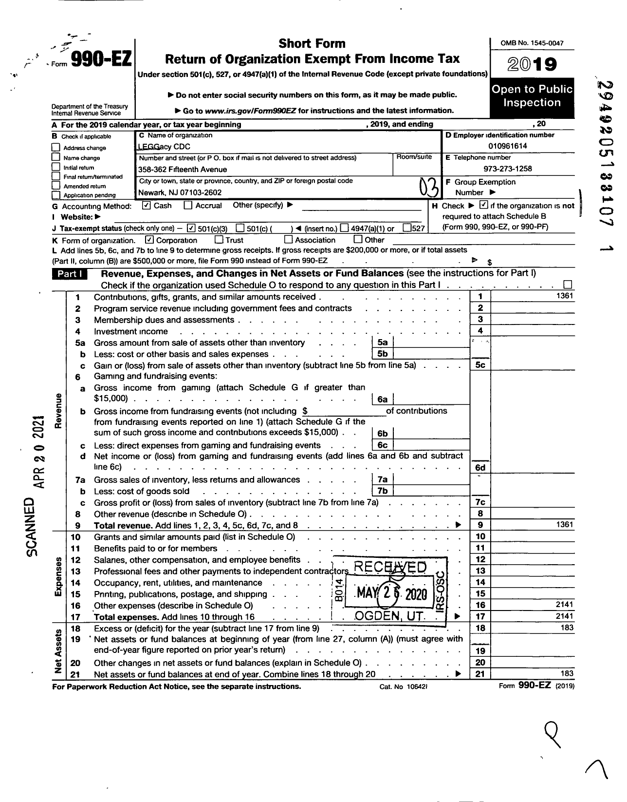 Image of first page of 2019 Form 990EZ for Leggacy Community Development Corporation