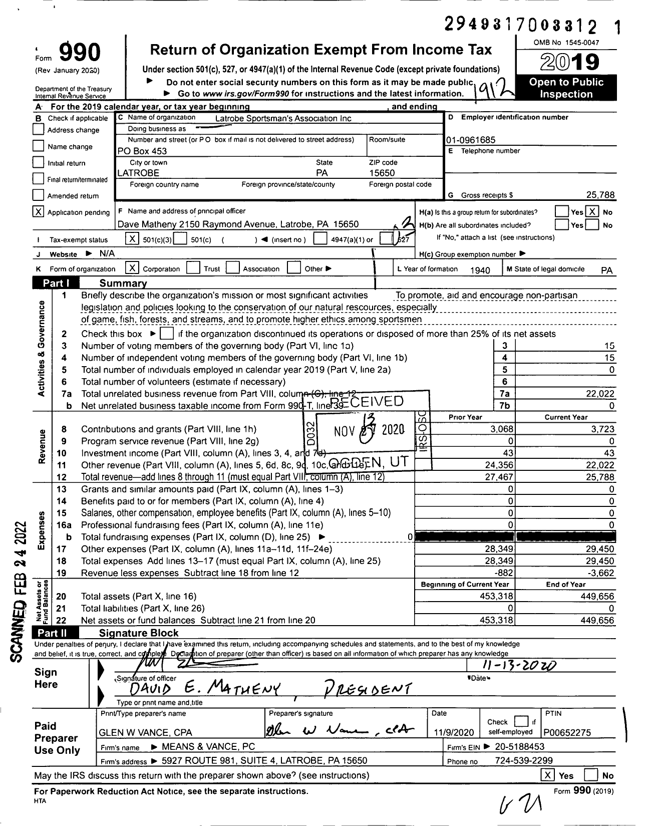 Image of first page of 2019 Form 990 for Latrobe Sportsman's Association