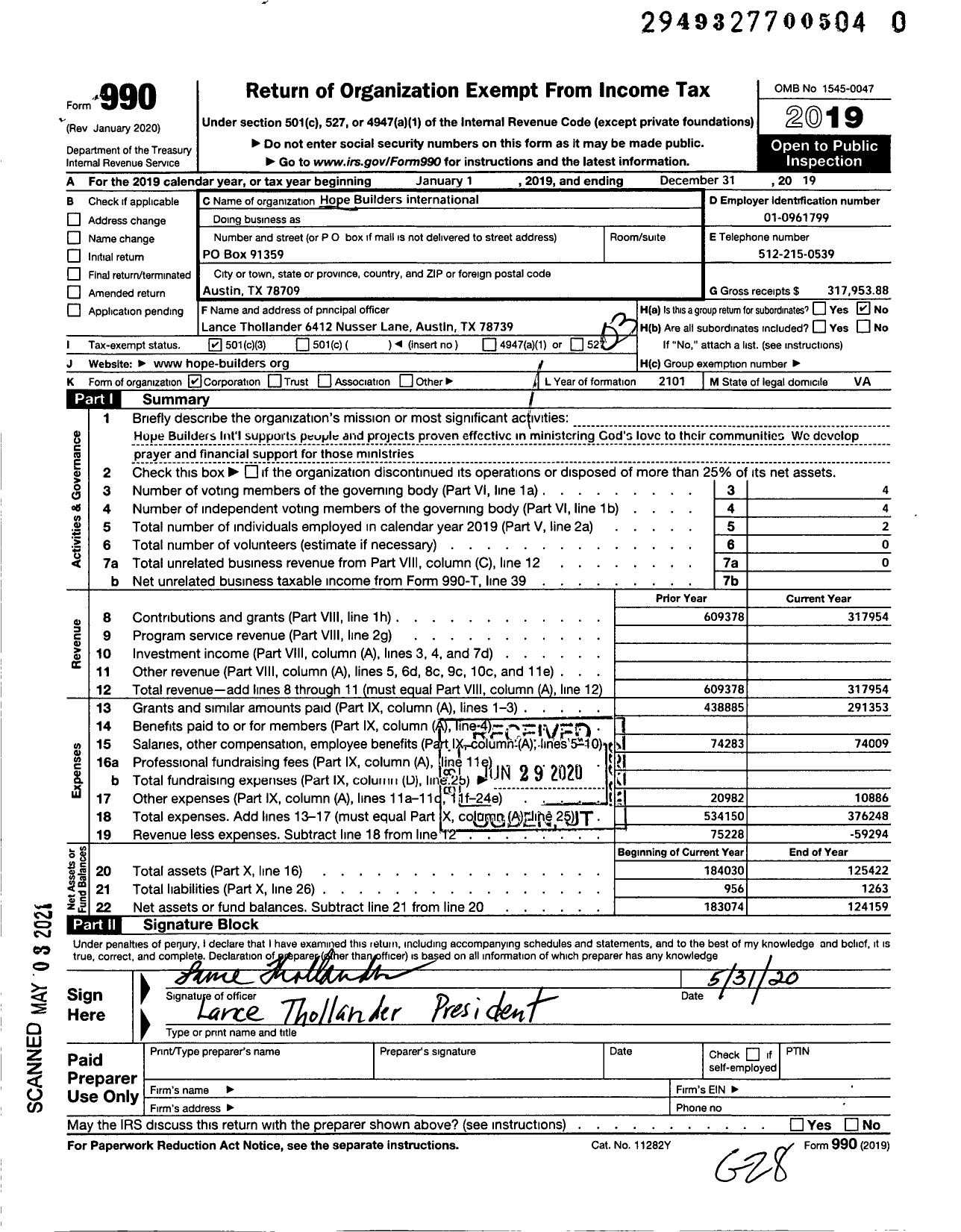 Image of first page of 2019 Form 990 for Hope Builders International