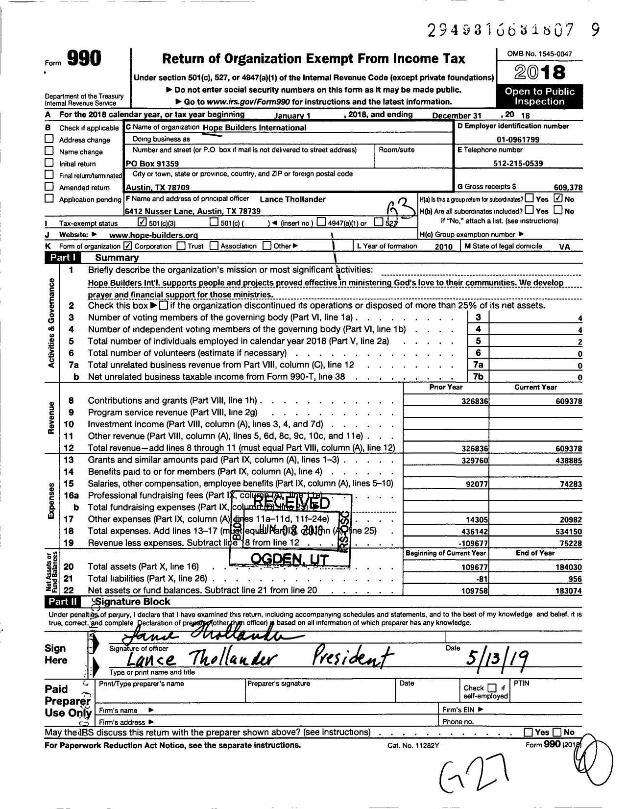 Image of first page of 2018 Form 990 for Hope Builders International