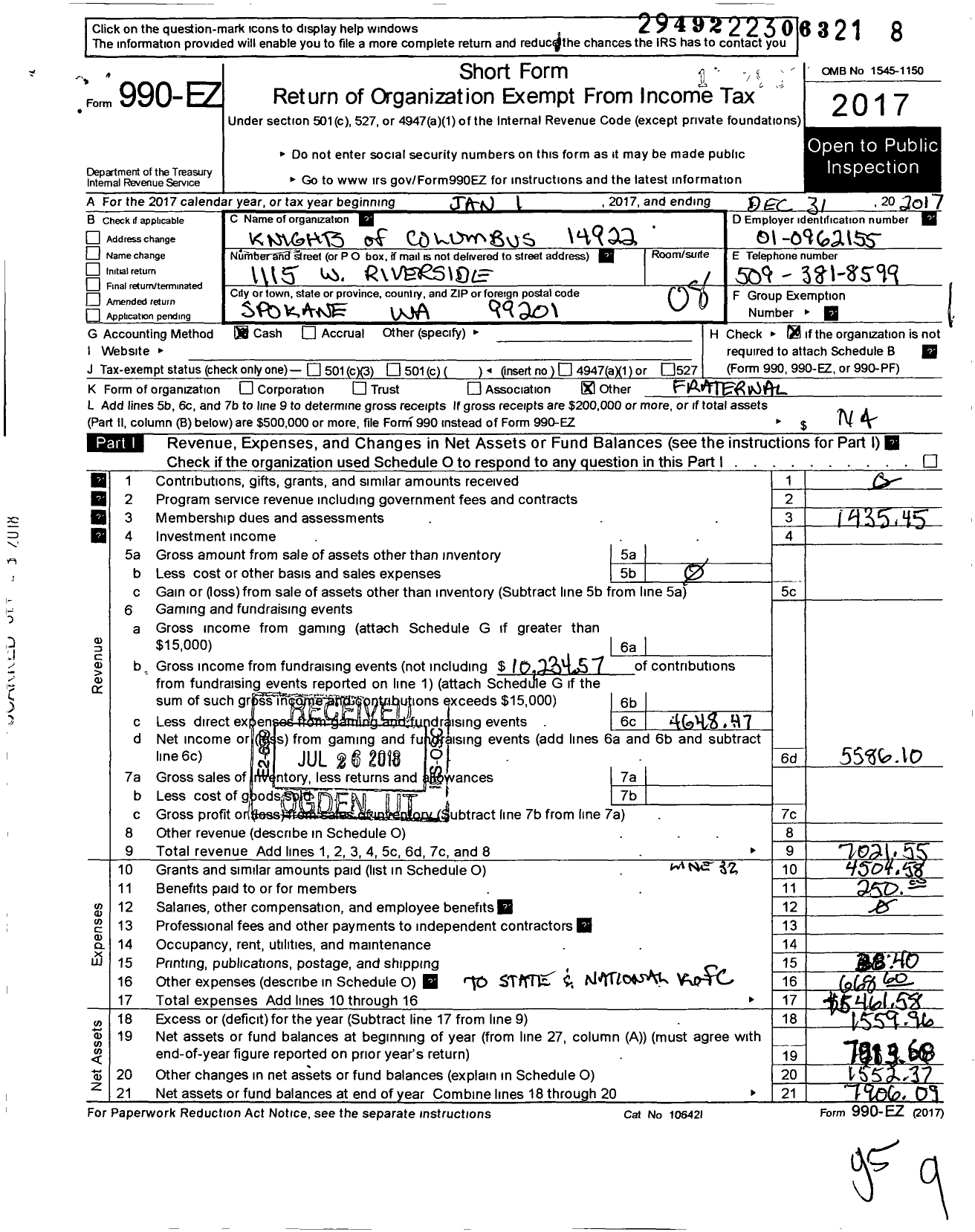 Image of first page of 2017 Form 990EO for Knights of Columbus - 14922 Cathedral Our Lady of Lourdes