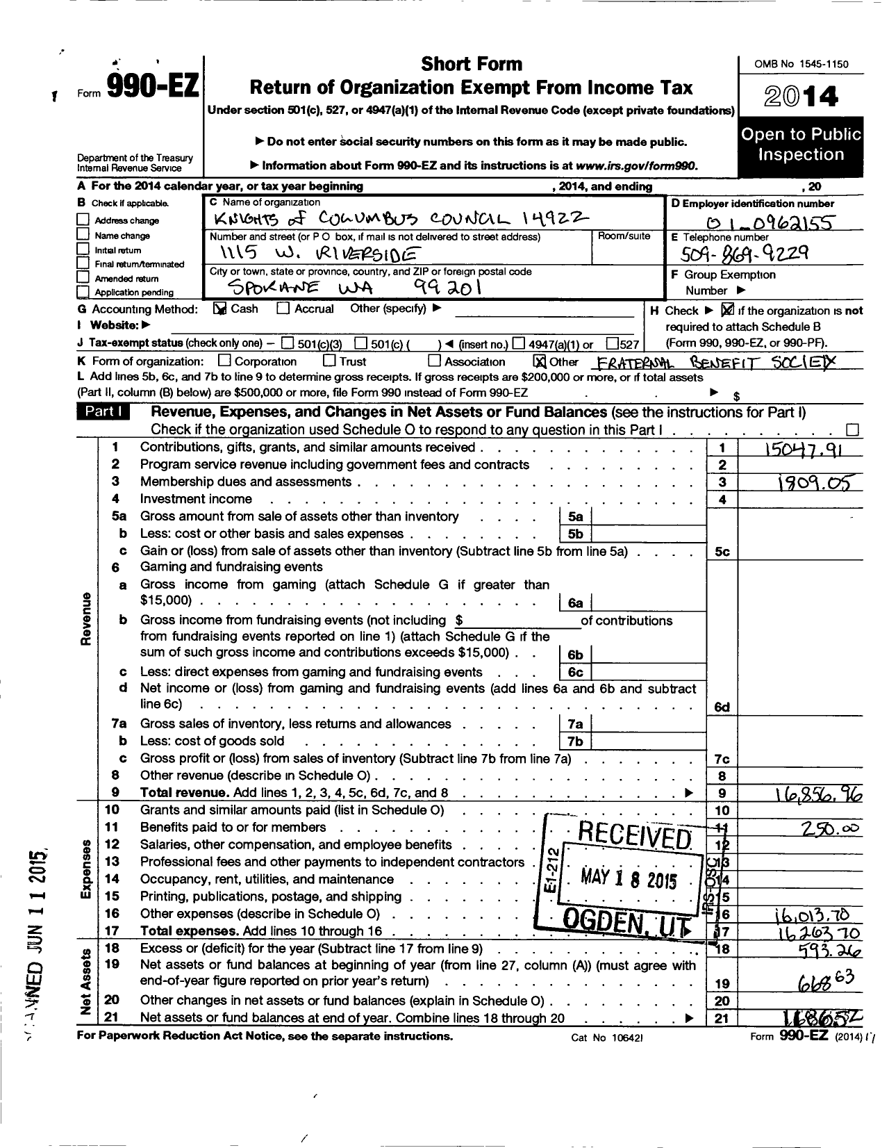 Image of first page of 2014 Form 990EO for Knights of Columbus - 14922 Cathedral Our Lady of Lourdes