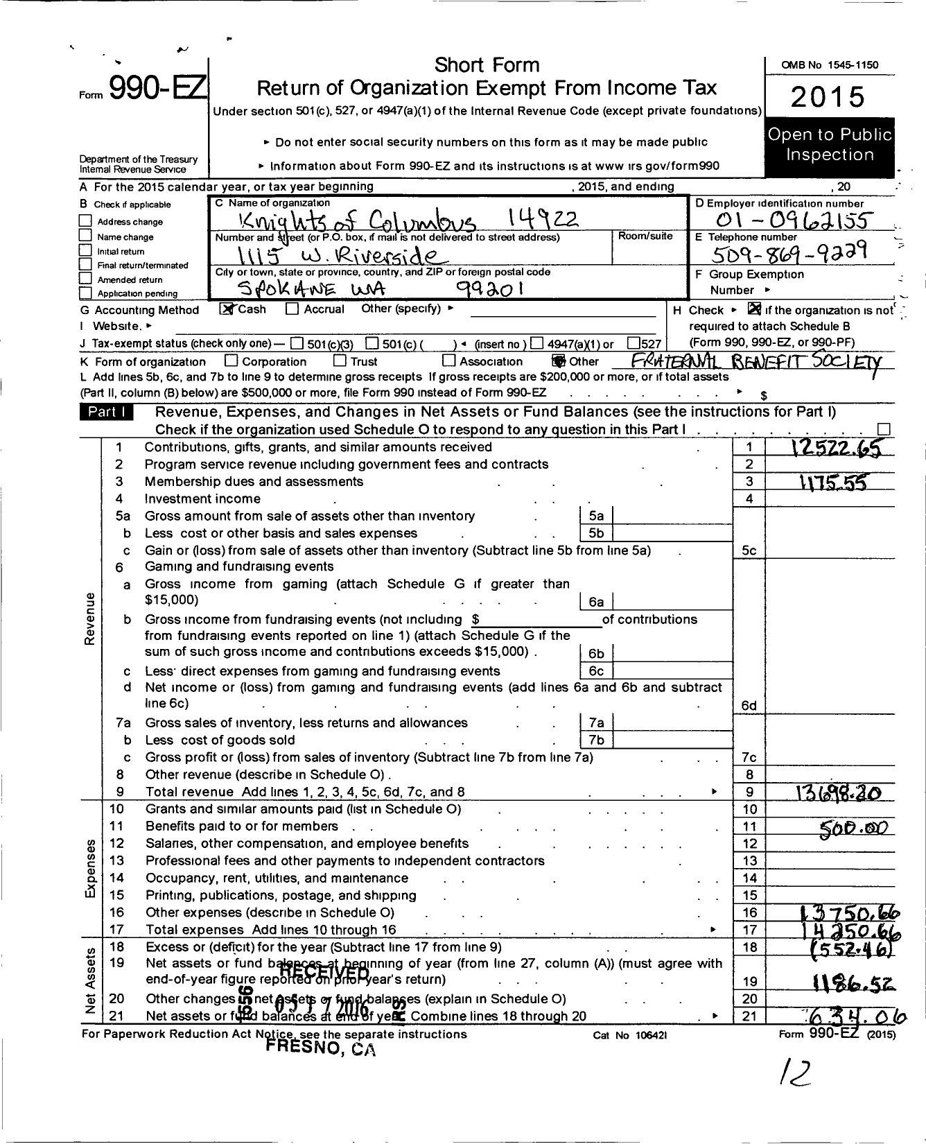 Image of first page of 2015 Form 990EO for Knights of Columbus - 14922 Cathedral Our Lady of Lourdes