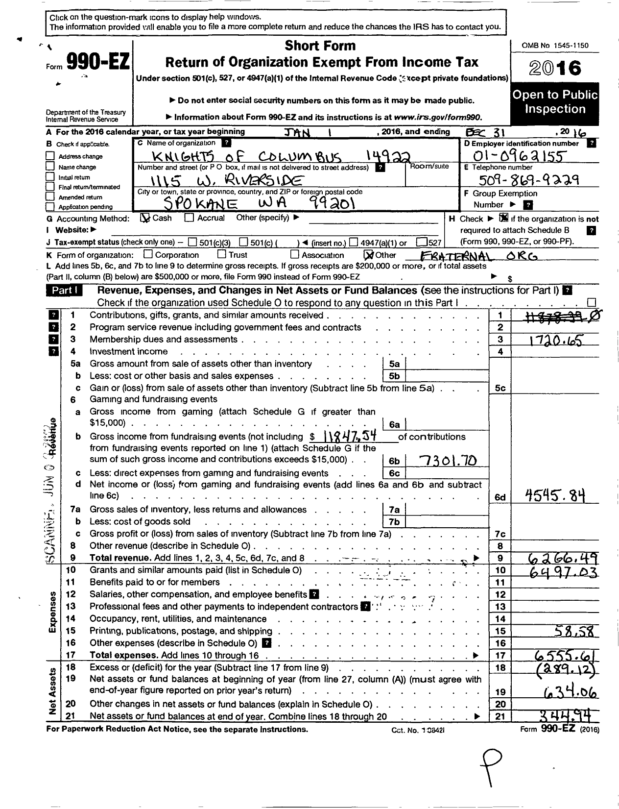 Image of first page of 2016 Form 990EO for Knights of Columbus - 14922 Cathedral Our Lady of Lourdes