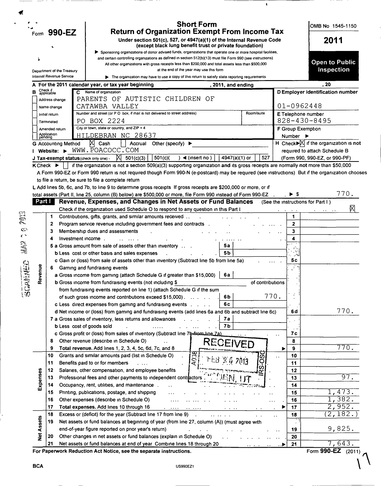 Image of first page of 2011 Form 990EZ for Parents of Autistic Children of Catawba Valley