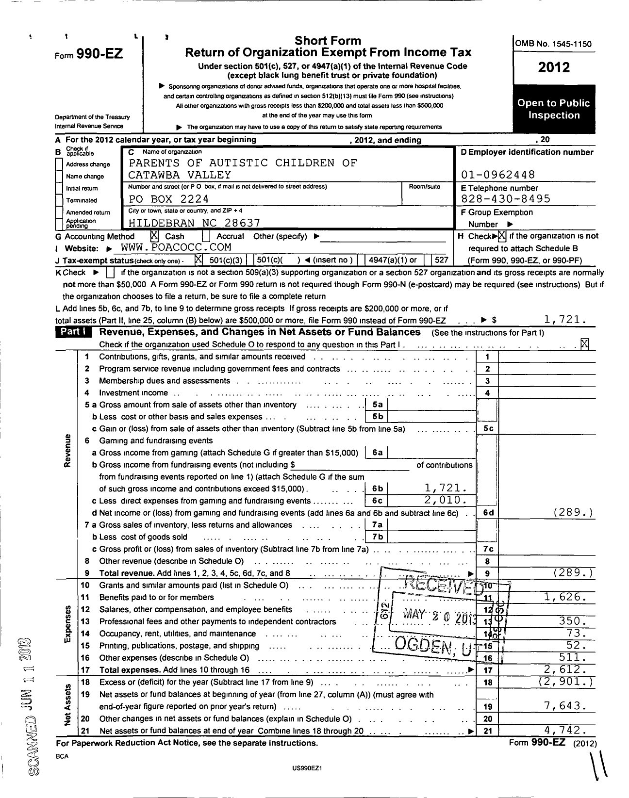 Image of first page of 2012 Form 990EZ for Parents of Autistic Children of Catawba Valley