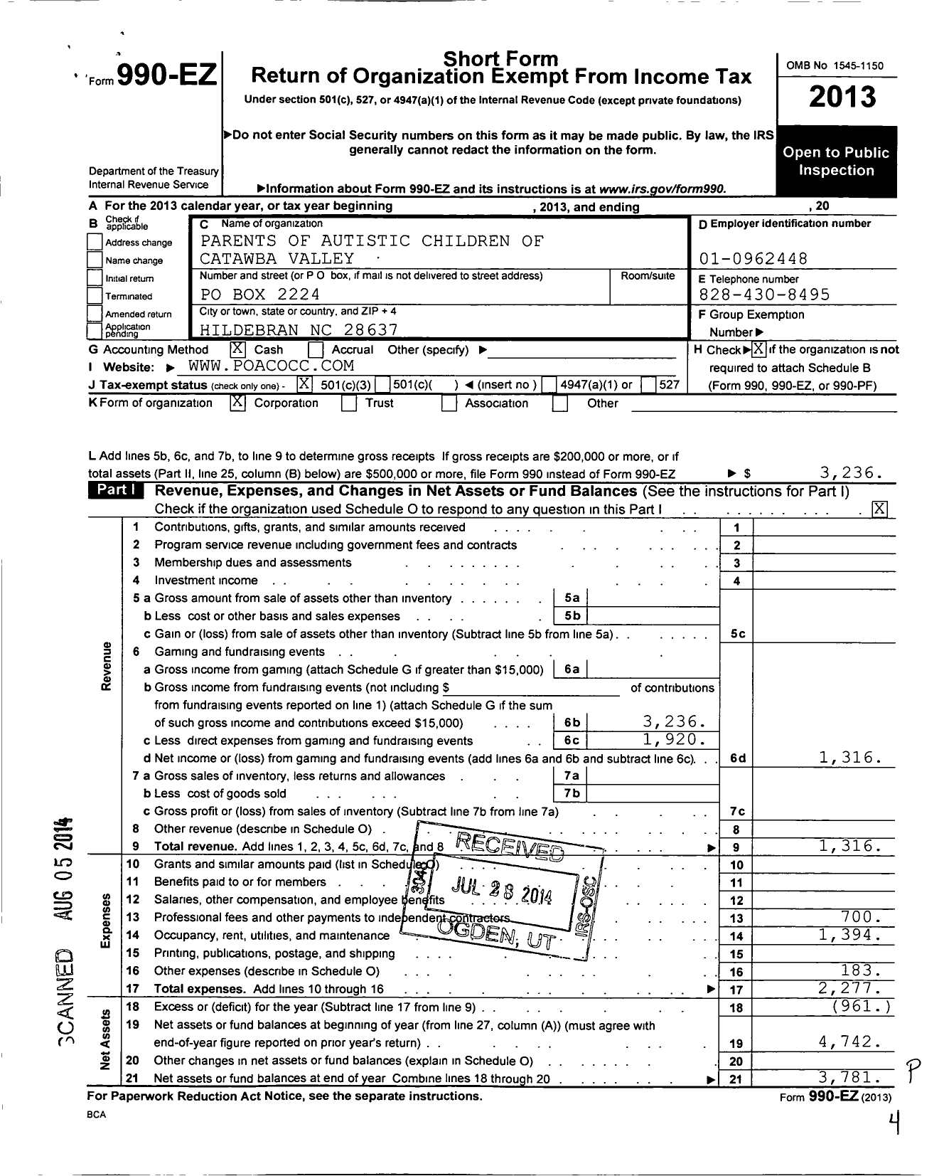 Image of first page of 2013 Form 990EZ for Parents of Autistic Children of Catawba Valley