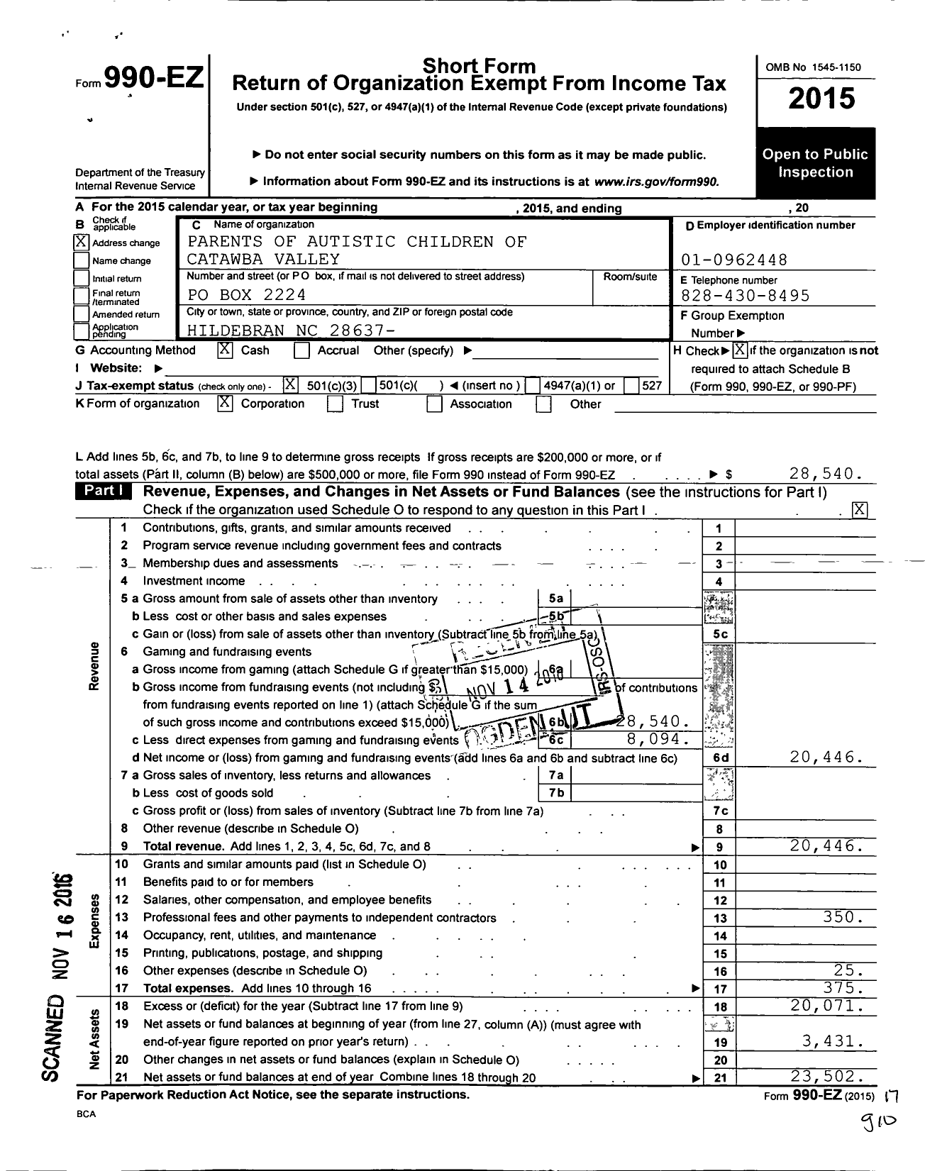 Image of first page of 2015 Form 990EZ for Parents of Autistic Children of Catawba Valley