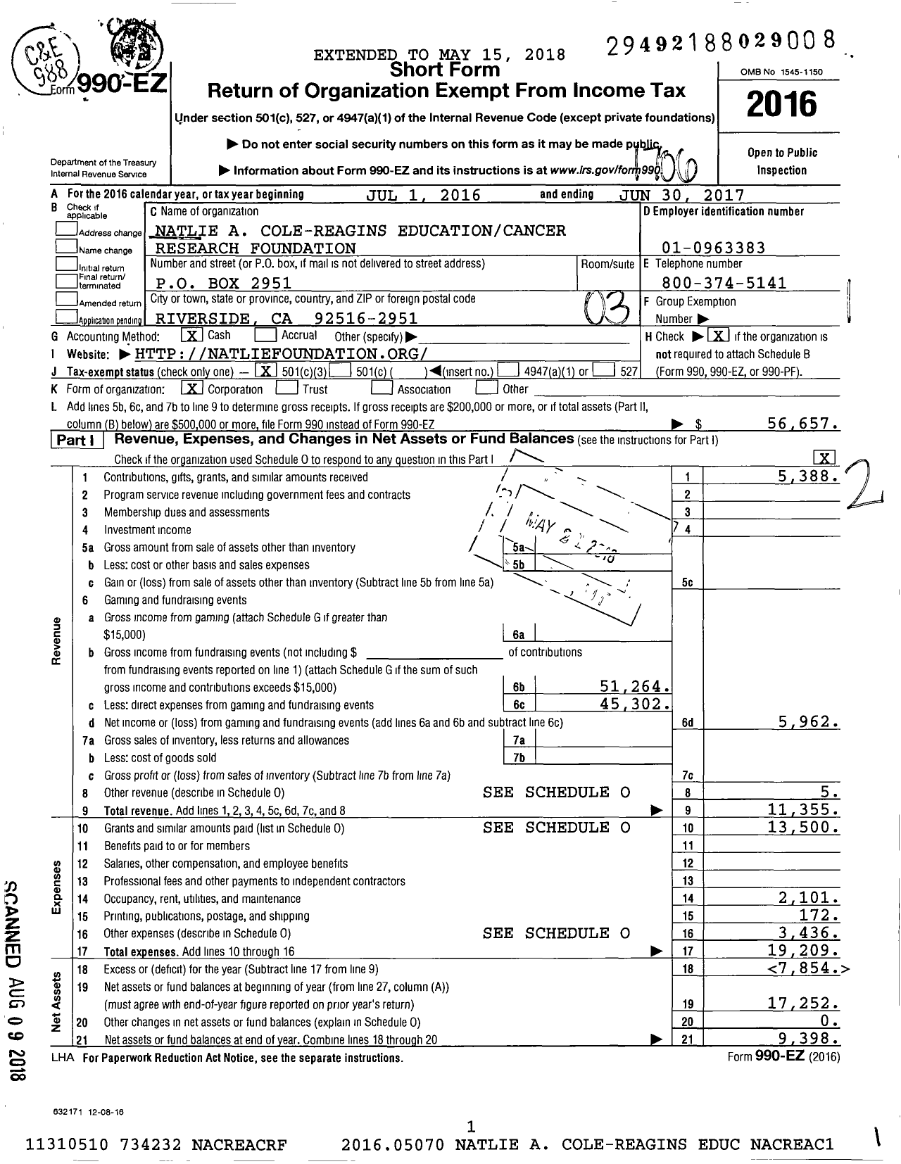 Image of first page of 2016 Form 990EZ for Natlie A Cole-Reagins Education and Cancer Research Foundation