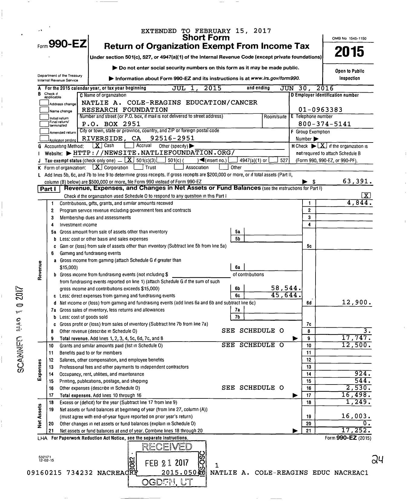 Image of first page of 2015 Form 990EZ for Natlie A Cole-Reagins Education and Cancer Research Foundation