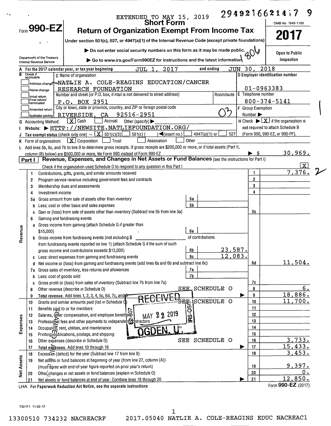 Image of first page of 2017 Form 990EZ for Natlie A Cole-Reagins Education and Cancer Research Foundation