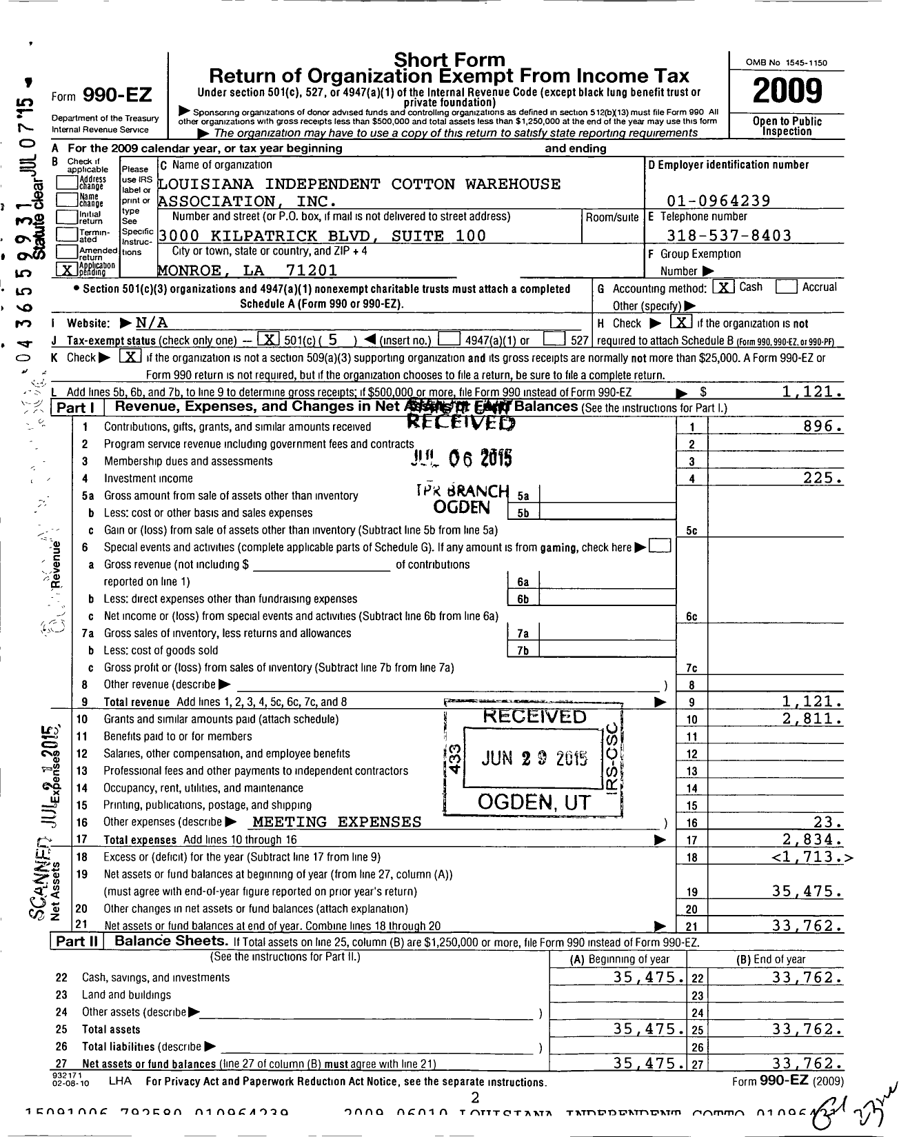 Image of first page of 2009 Form 990EO for Louisiana Independent Cotton Warehouse Association