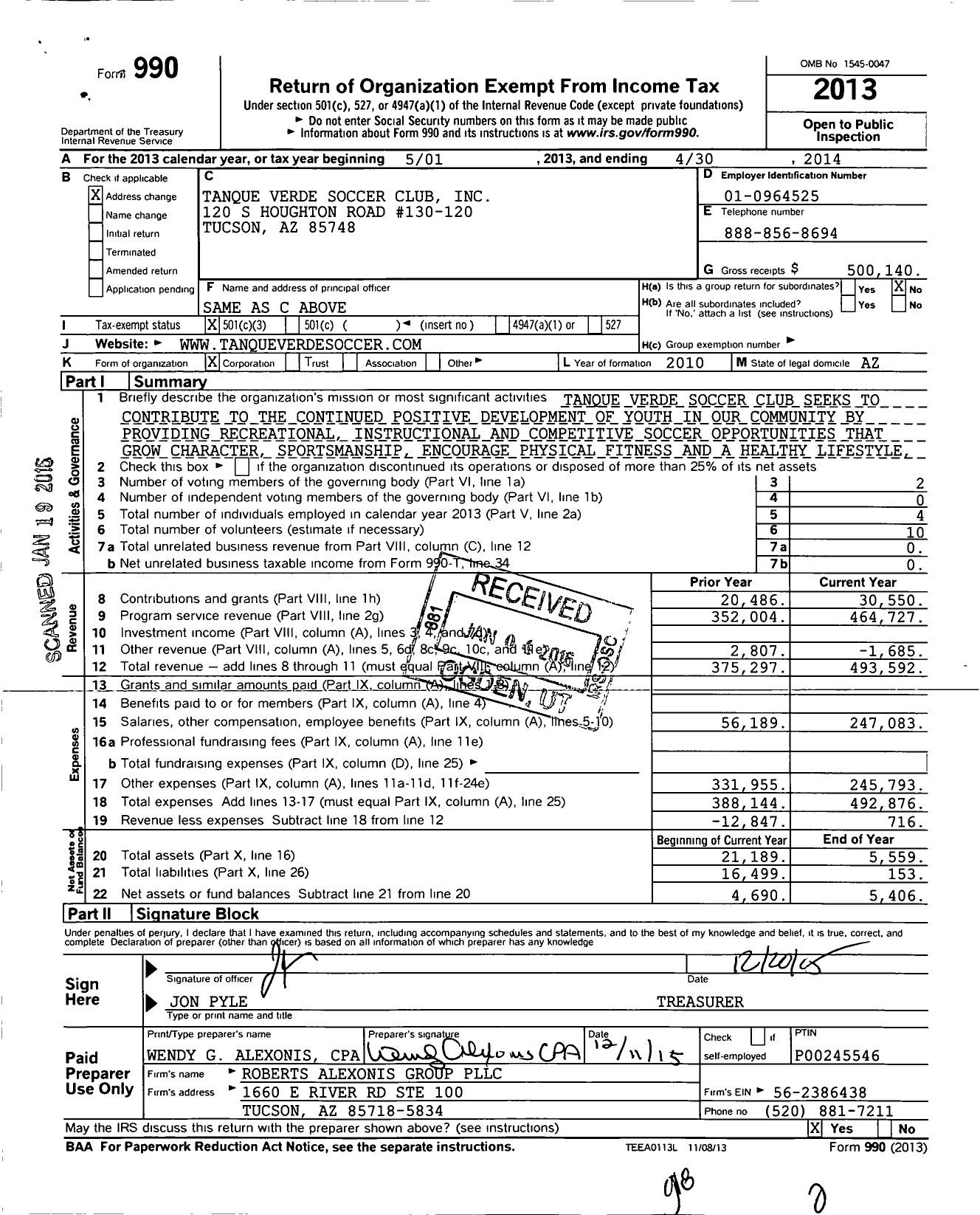 Image of first page of 2013 Form 990 for Tanque Verde Soccer Club