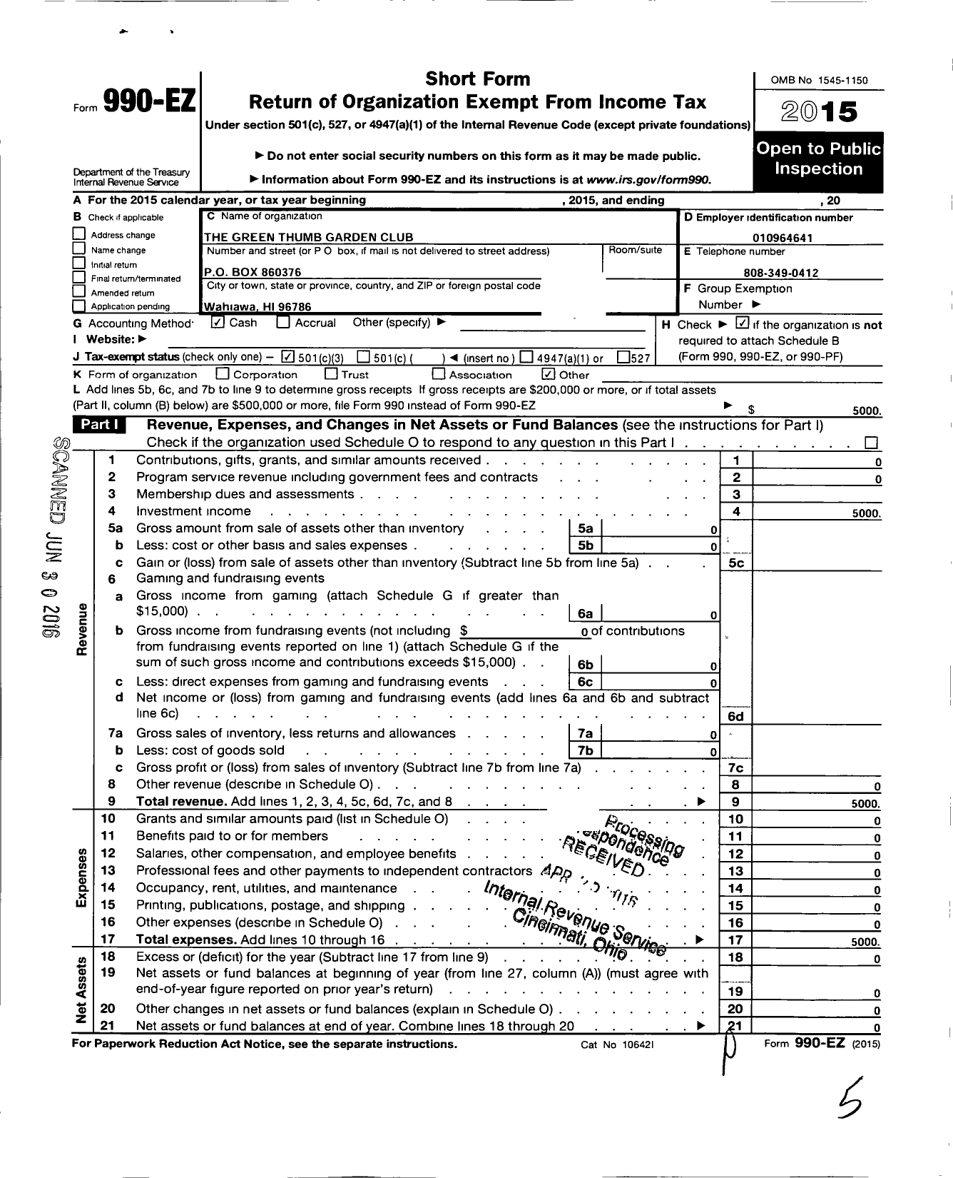 Image of first page of 2015 Form 990EZ for Green Thumb Garden Club