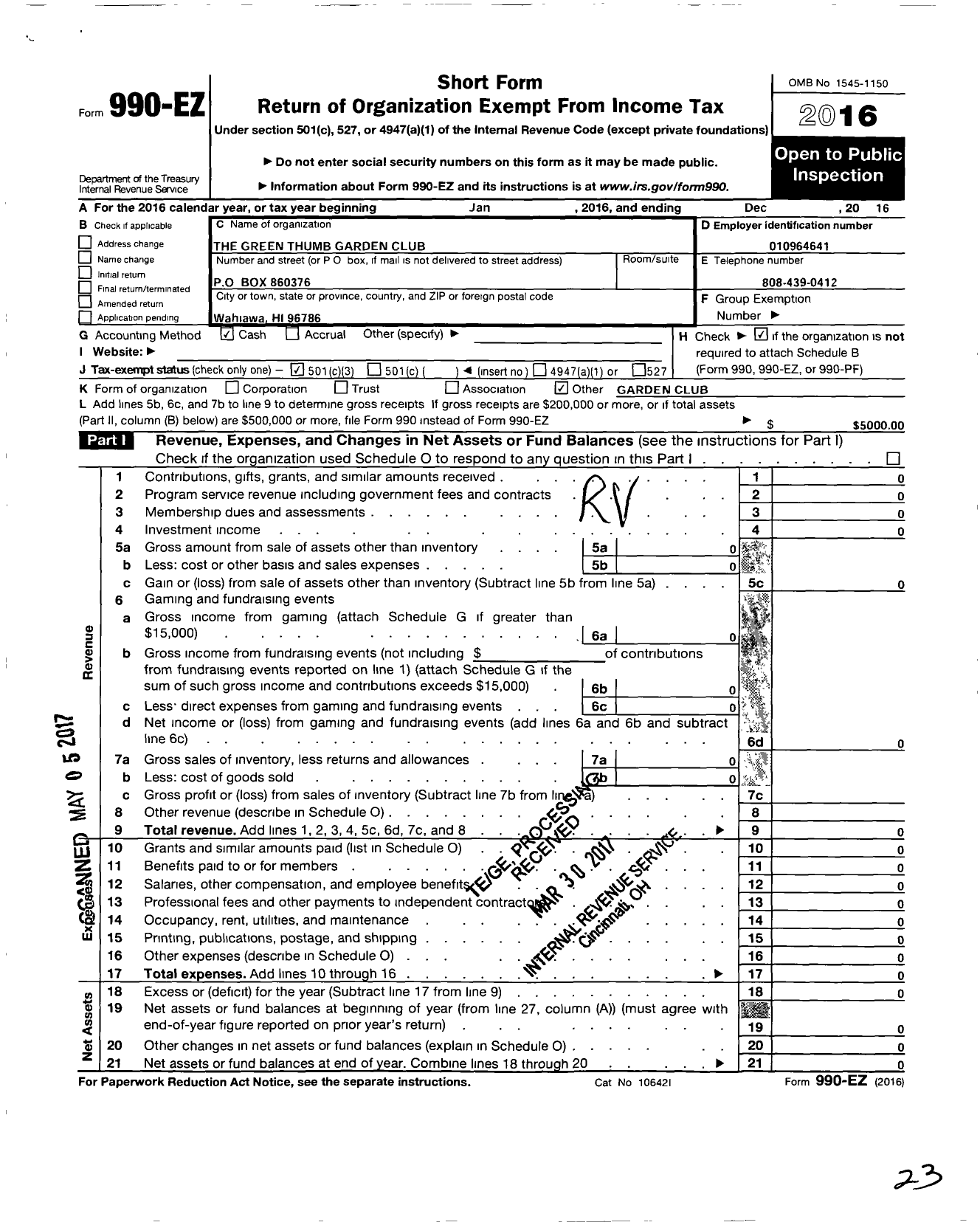 Image of first page of 2016 Form 990EZ for Green Thumb Garden Club